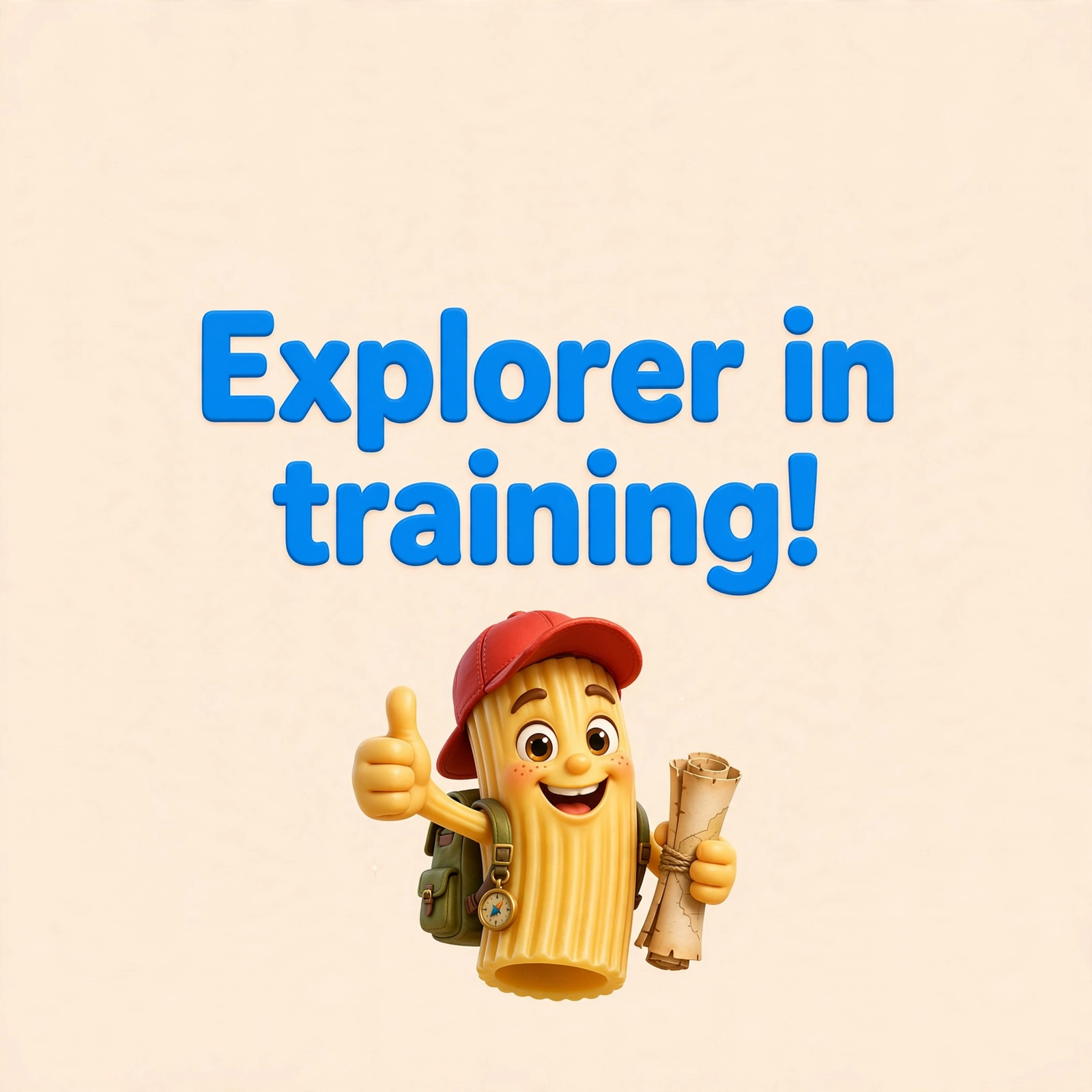 AI-generated dramatization: Ricky Macaroni social card — Explorer in training!