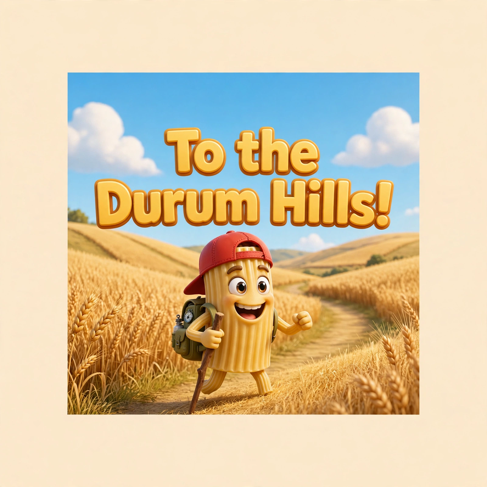 AI-generated dramatization: Ricky Macaroni social card — To the Durum Hills!
