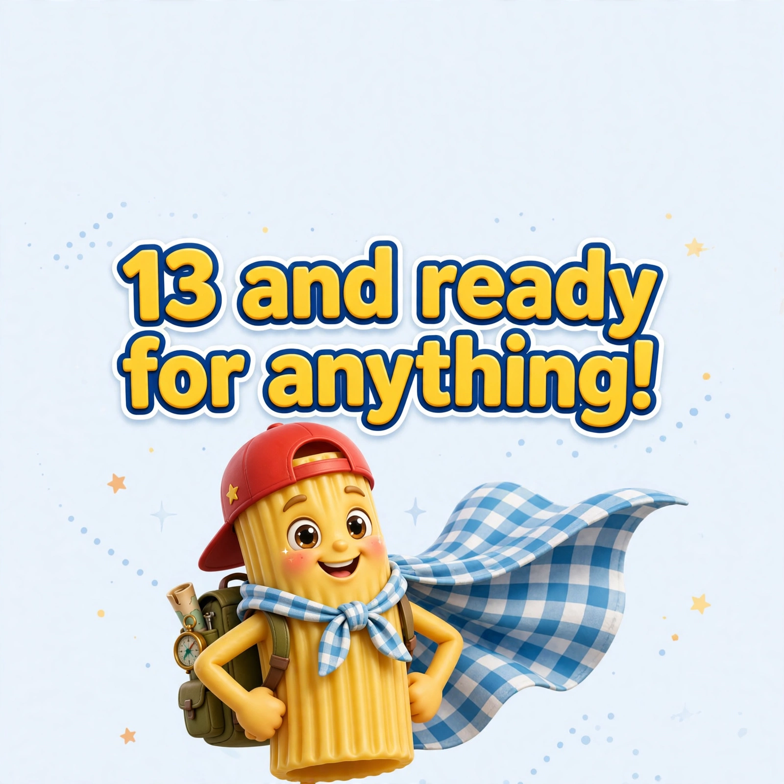 AI-generated dramatization: Ricky Macaroni social card — 13 and ready for anything!