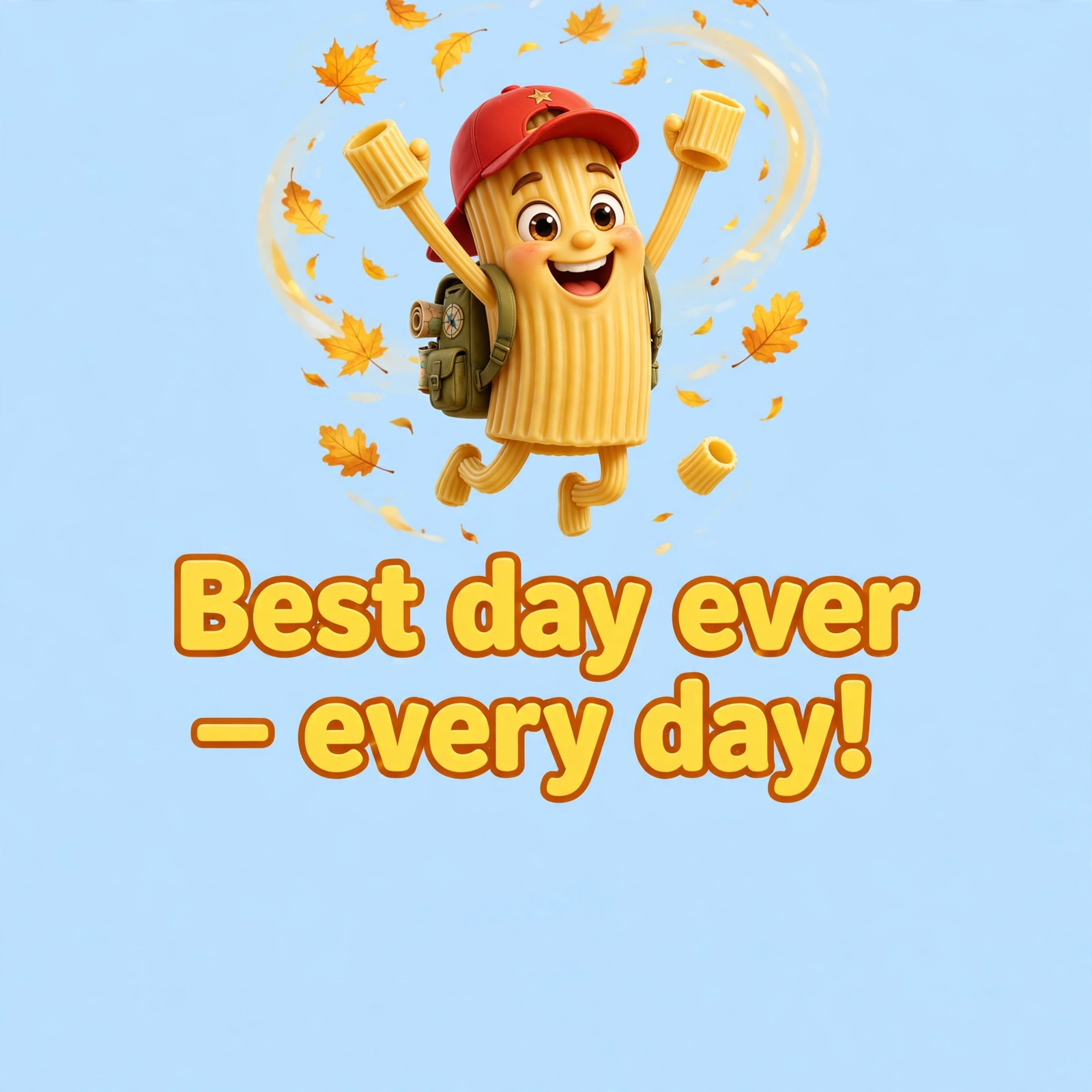 AI-generated dramatization: Ricky Macaroni social card — Best day ever — every day!