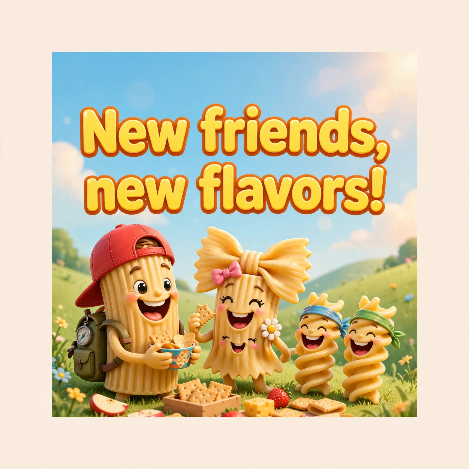 AI-generated dramatization: Ricky Macaroni social card — New friends, new flavors!