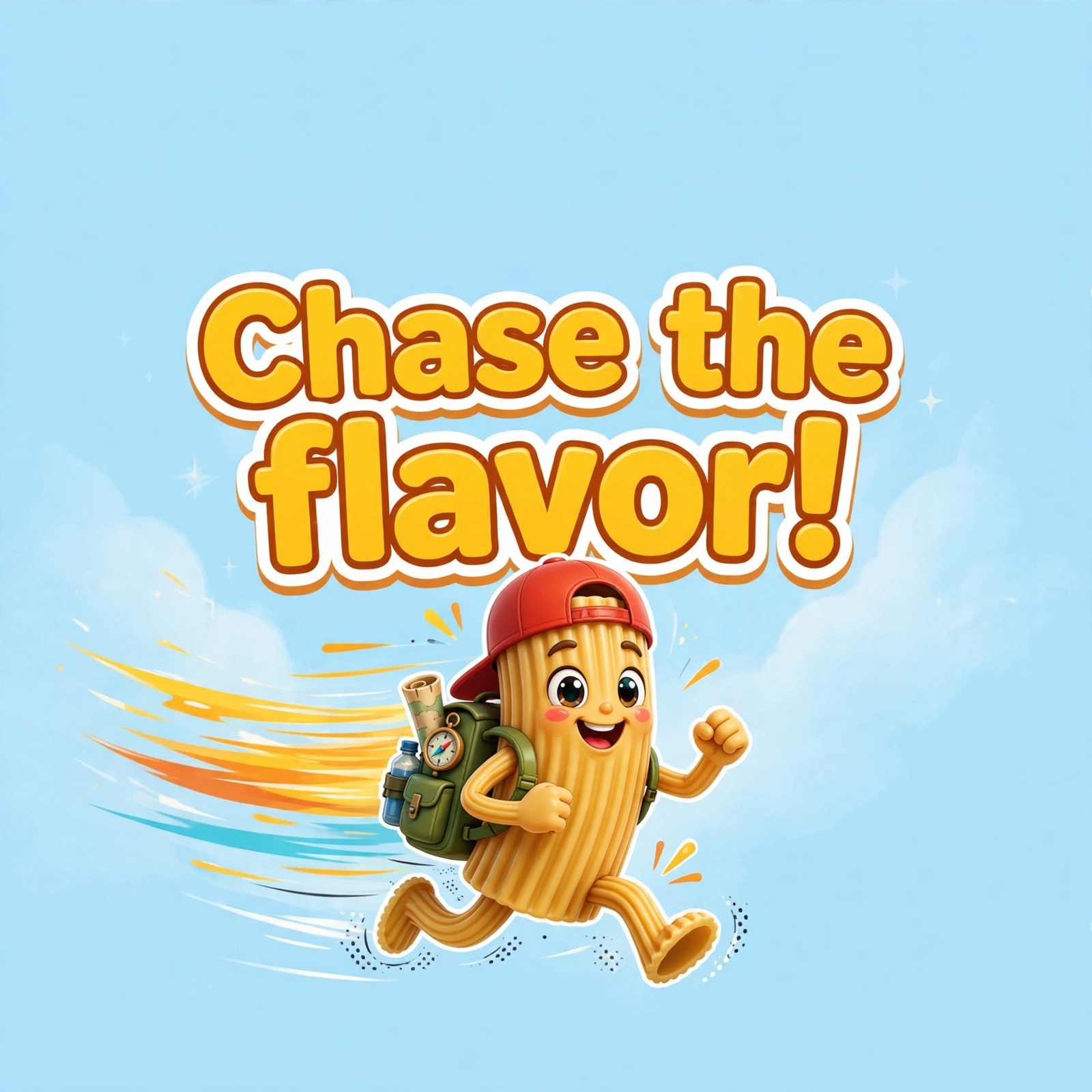 AI-generated dramatization: Ricky Macaroni social card — Chase the flavor!