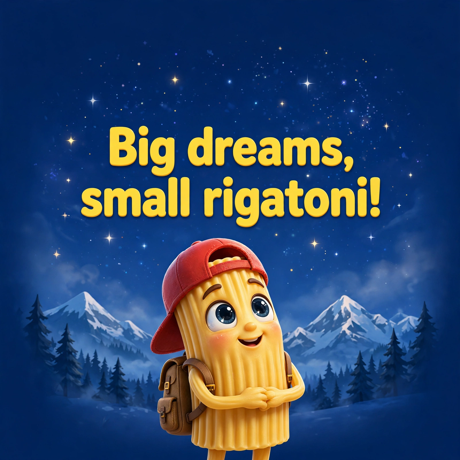AI-generated dramatization: Ricky Macaroni social card — Big dreams, small rigatoni!