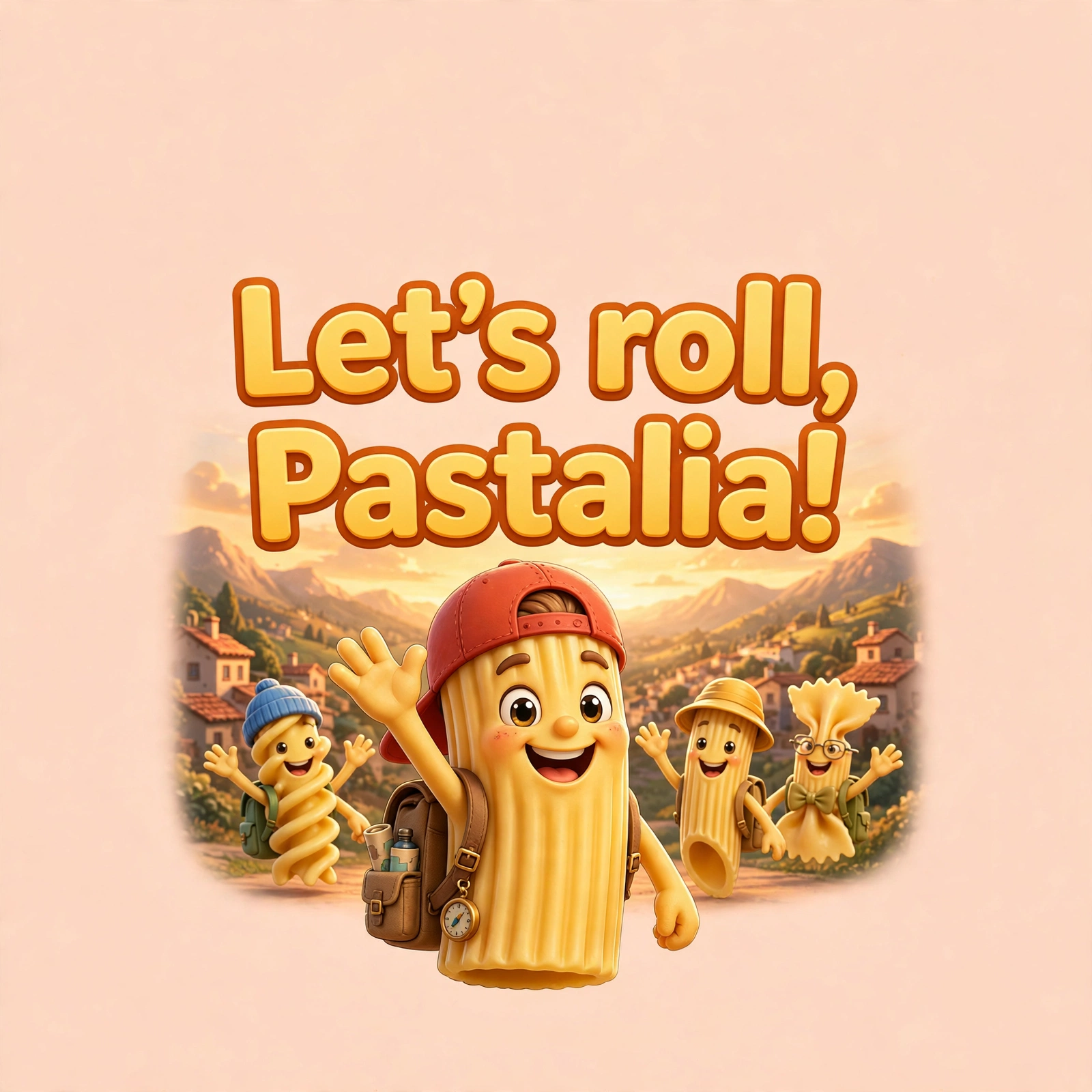 AI-generated dramatization: Ricky Macaroni social card — Let's roll, Pastalia!
