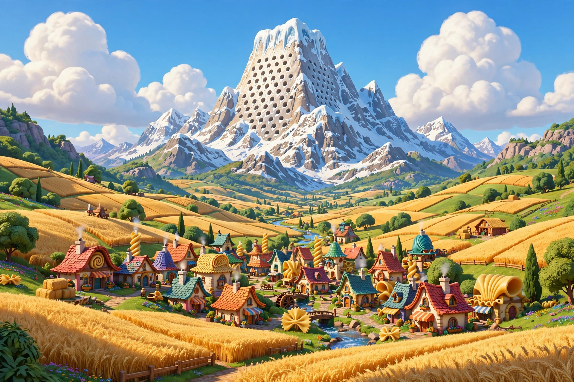 Pastalia valley in bright adventure-comic style, storybook matte painting: golden Durum Hills wheat fields, snowcapped M