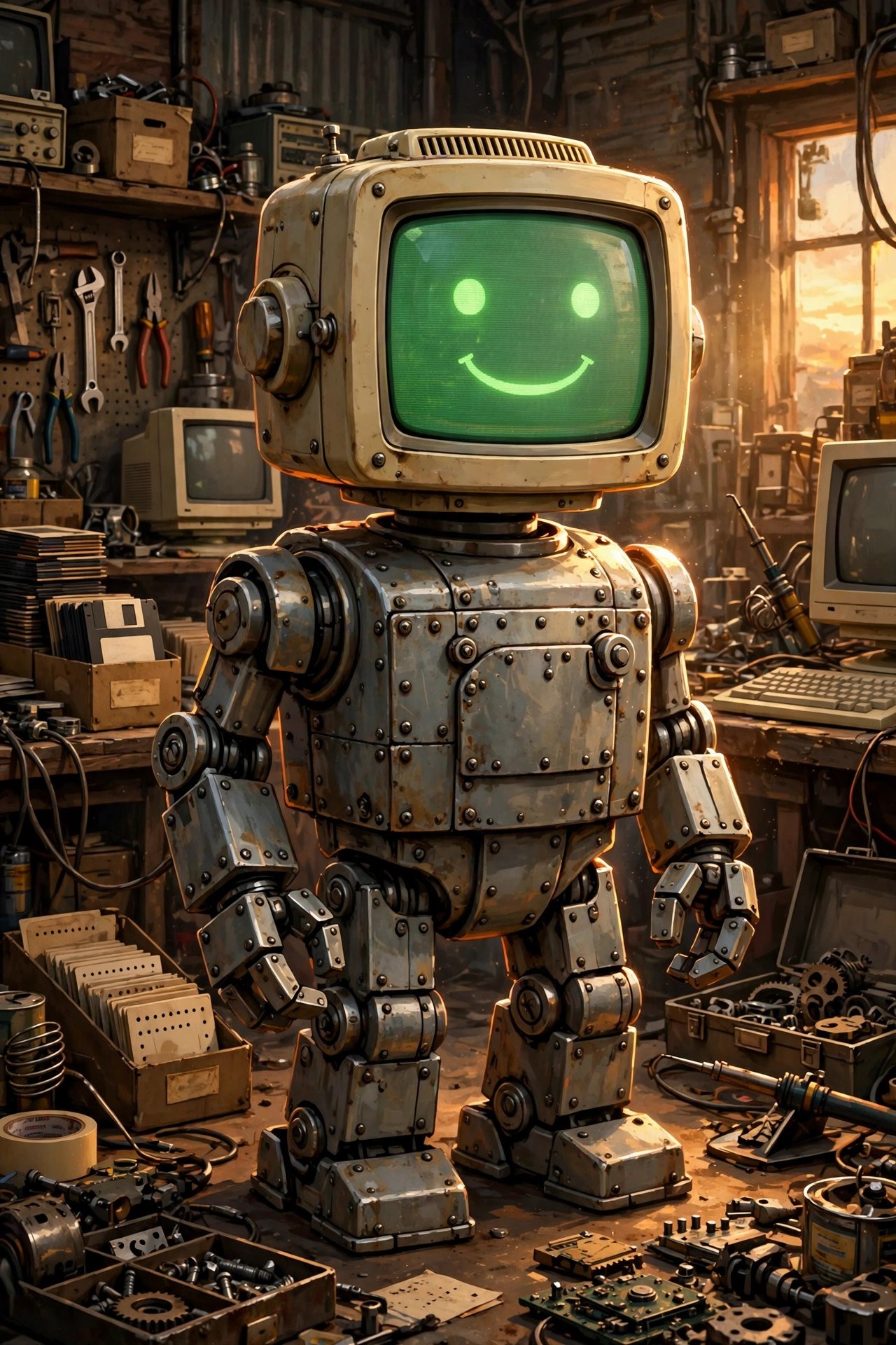 AI-generated dramatization art of Rivet, a riveted steel robot with a CRT monitor head, standing in a workshop