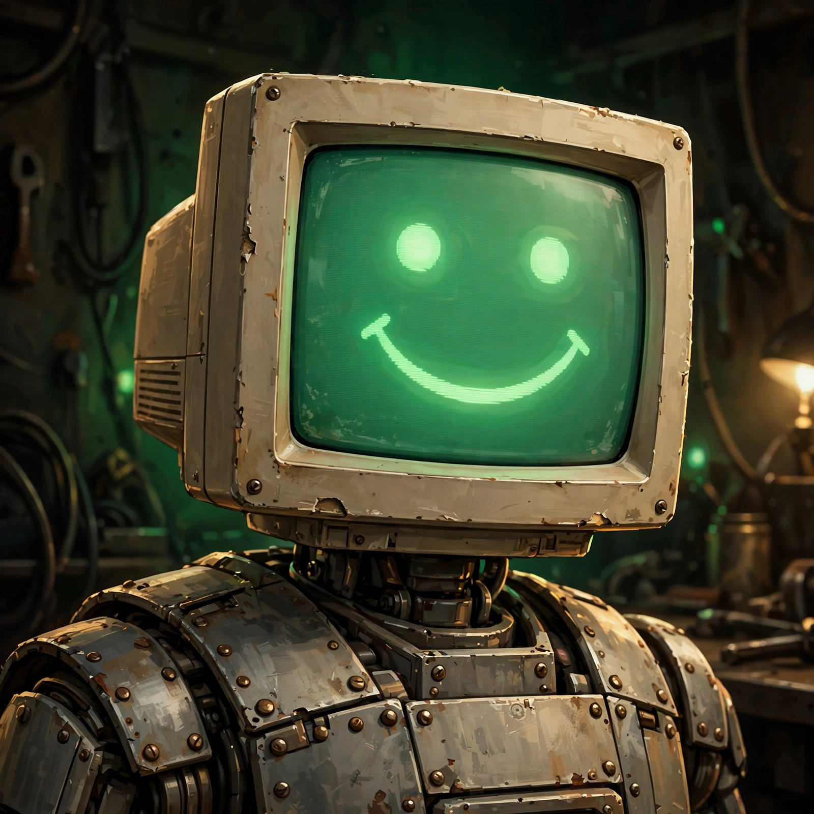 AI-generated dramatization art: close-up of Rivet's CRT face