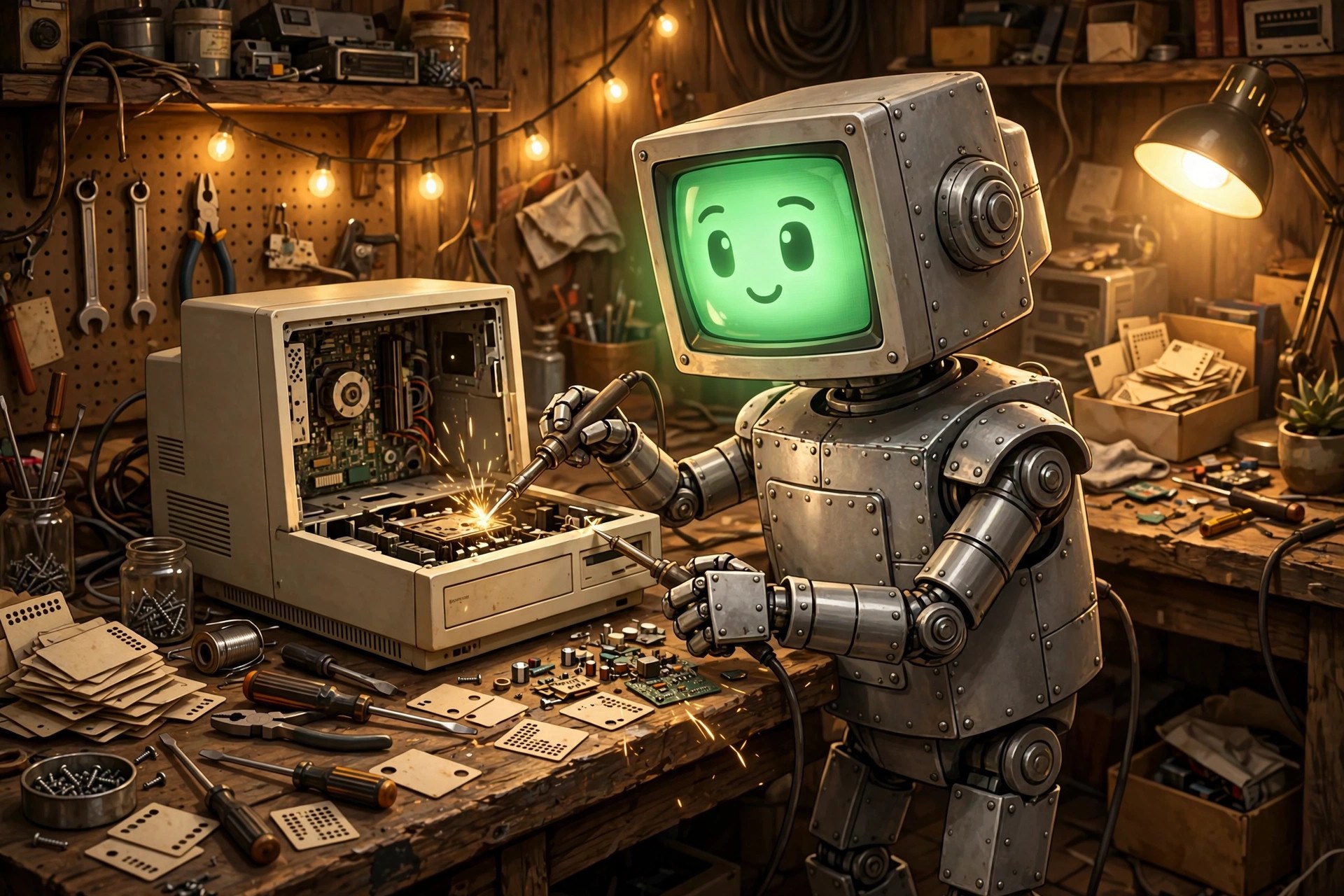 AI-generated dramatization art: Rivet repairing a desktop computer