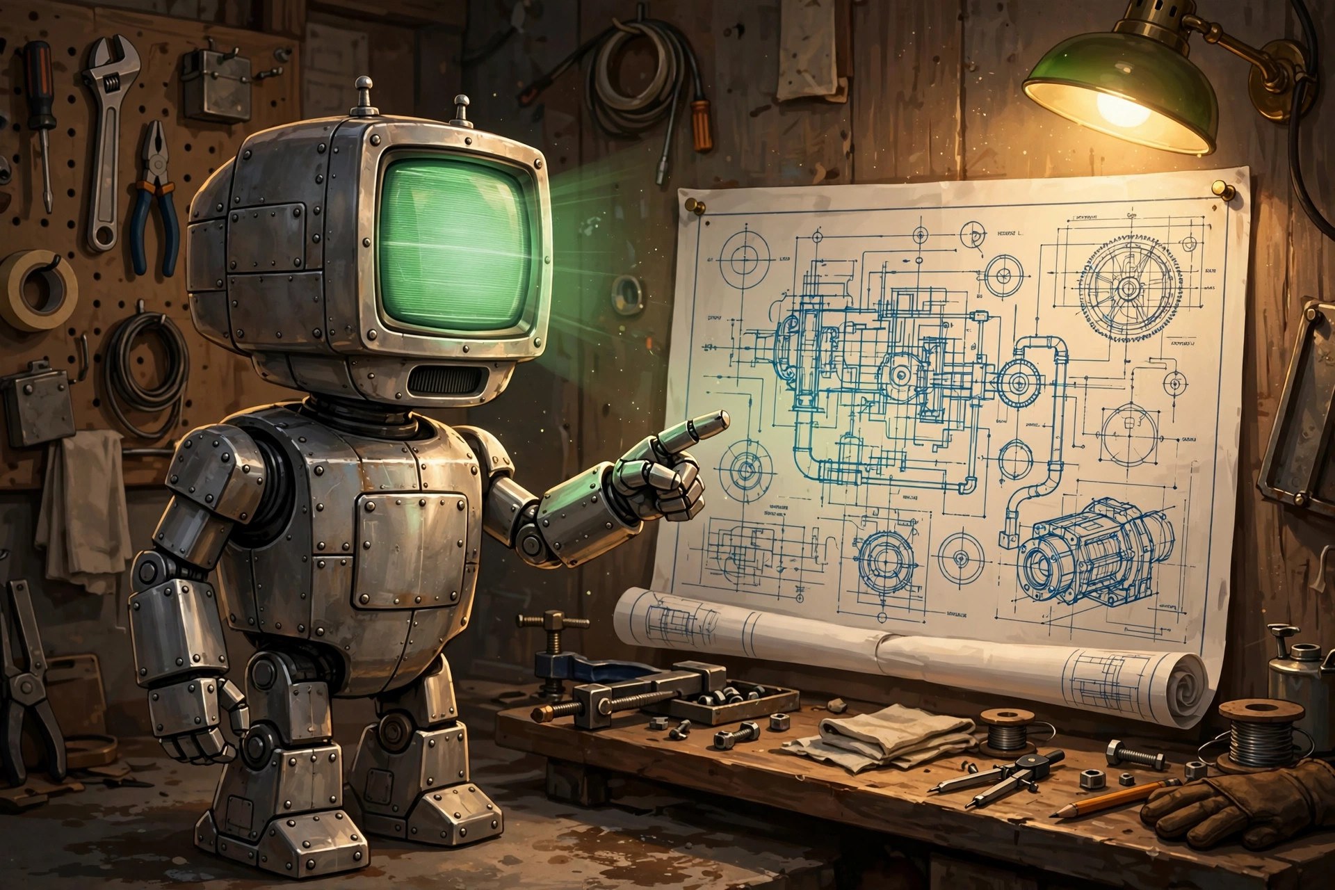 AI-generated dramatization art: Rivet studying blueprints