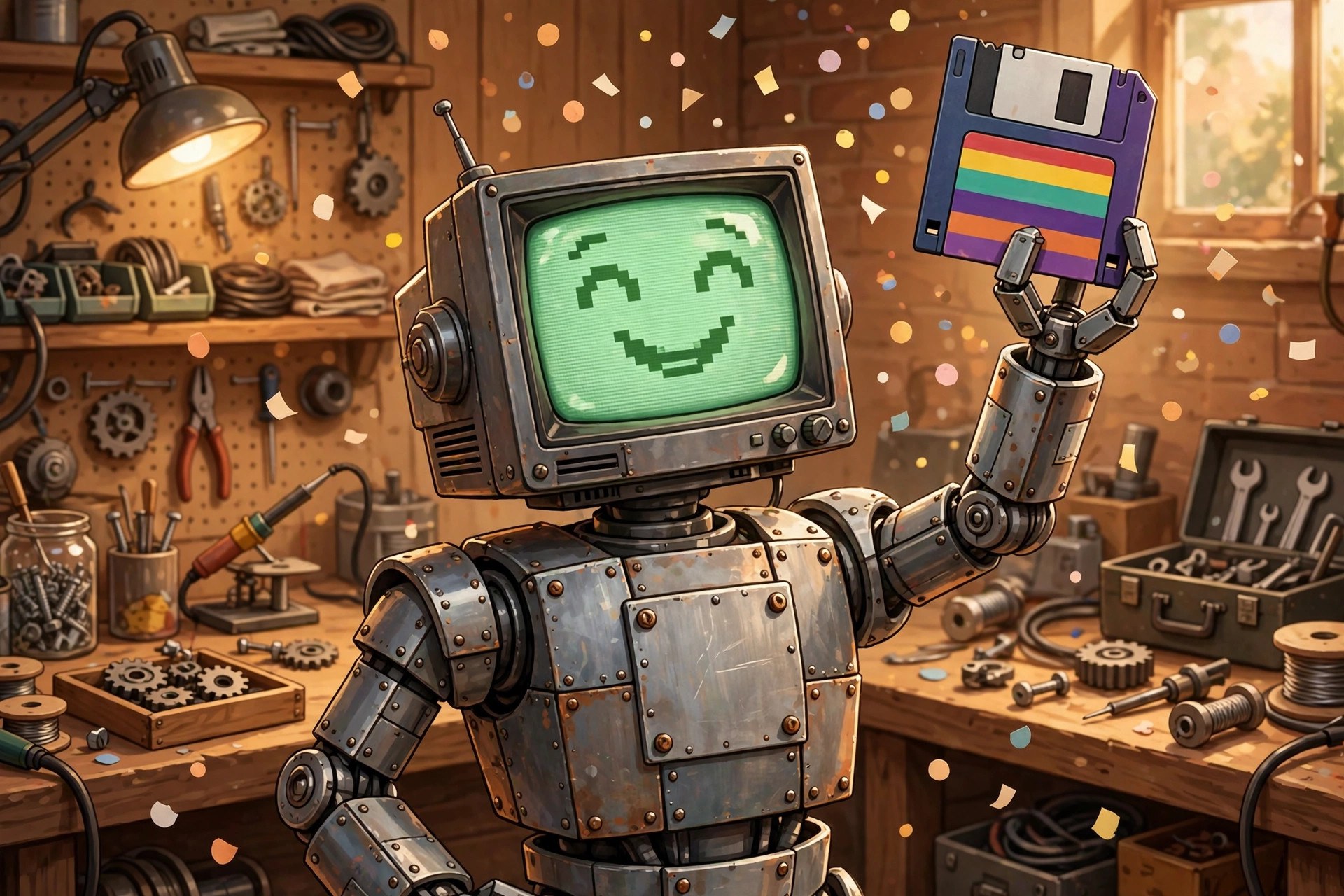 AI-generated dramatization art: Rivet holding up a floppy disk