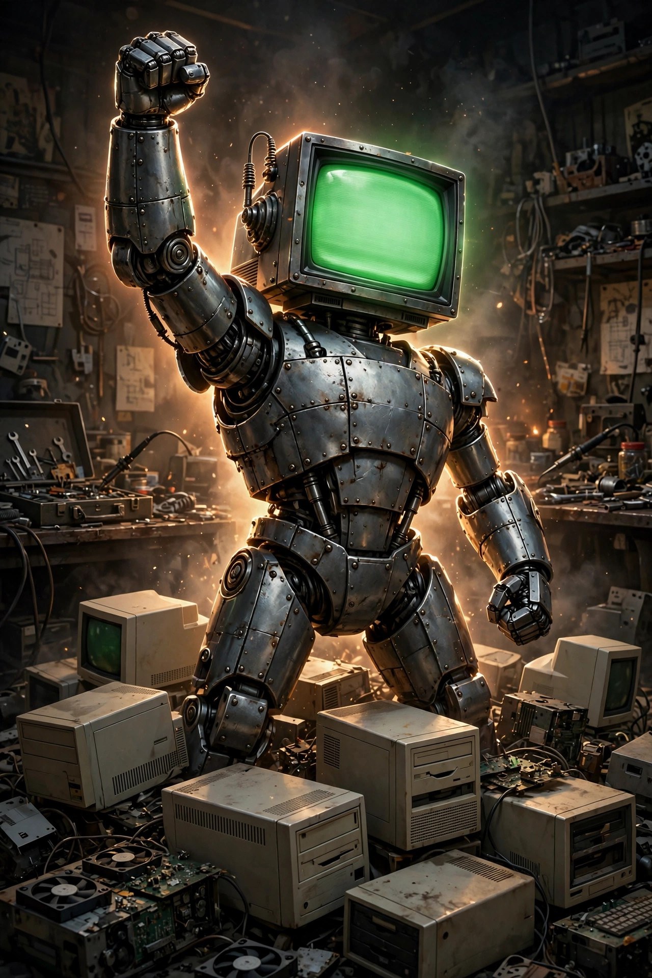 AI-generated dramatization art: Rivet heroic pose