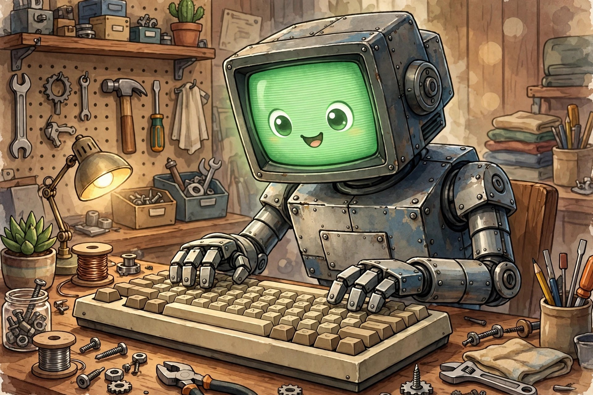 AI-generated dramatization art: Rivet typing on a giant keyboard