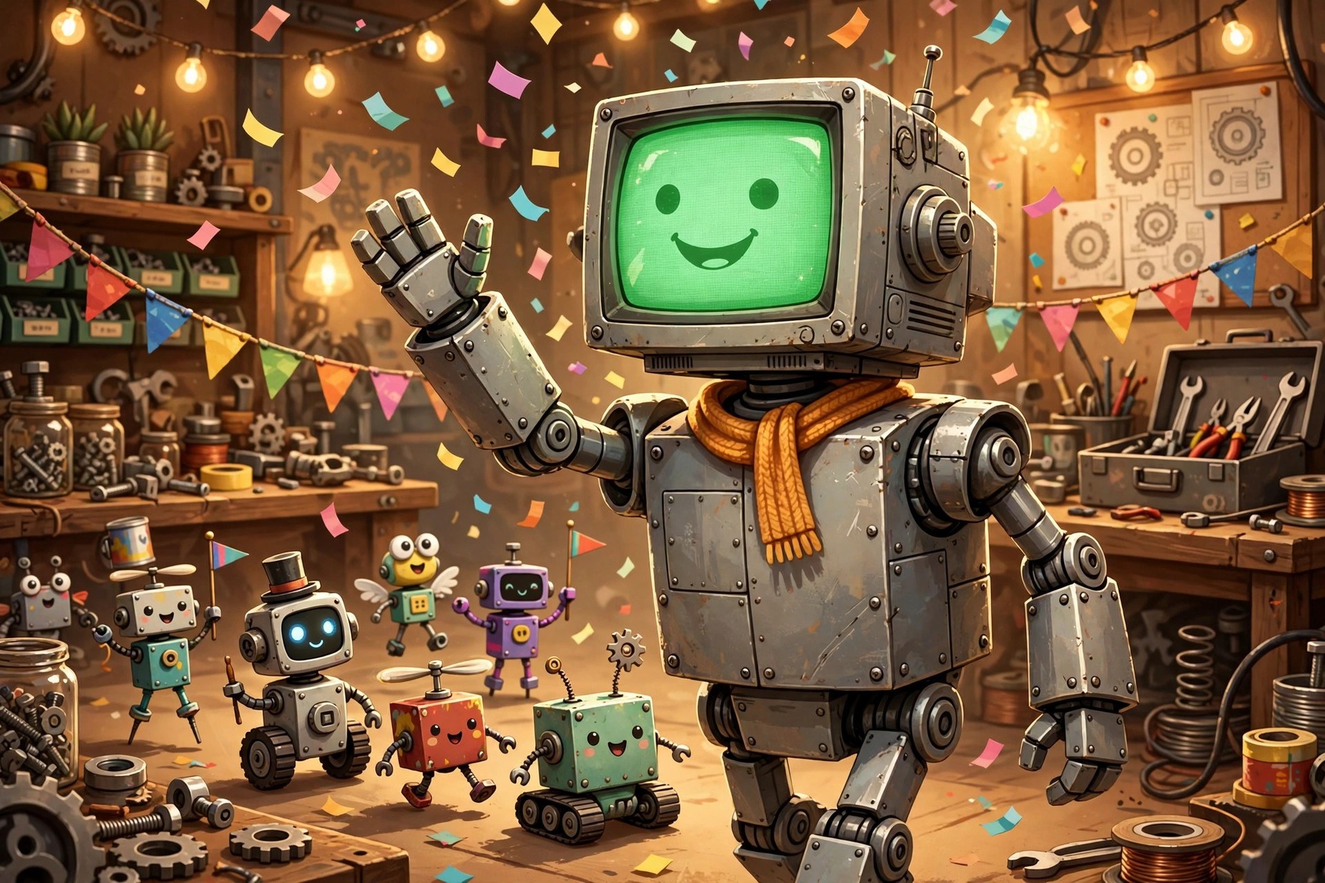 AI-generated dramatization art: Rivet leading a robot parade