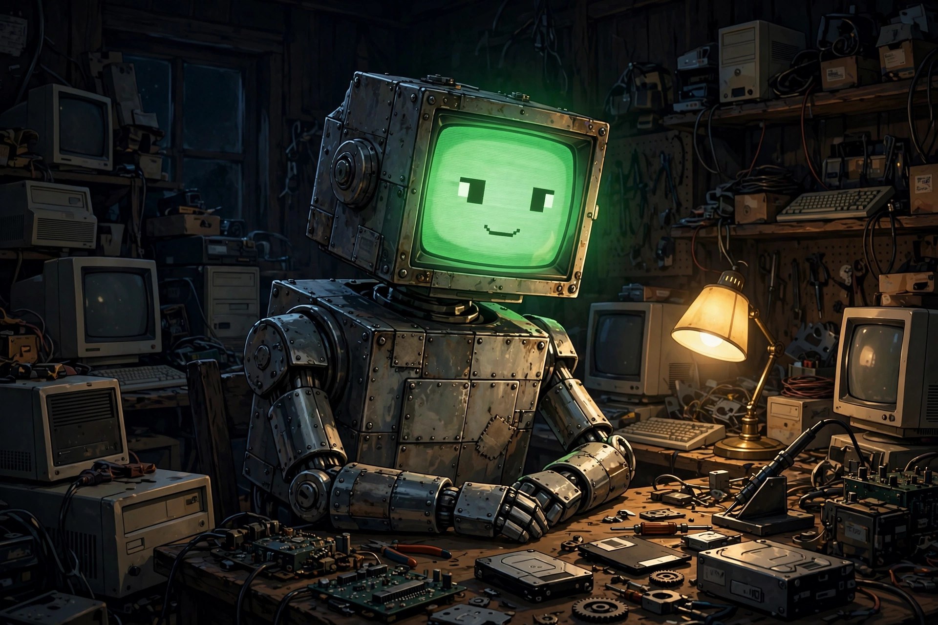 AI-generated dramatization art: Rivet alone at night in the workshop