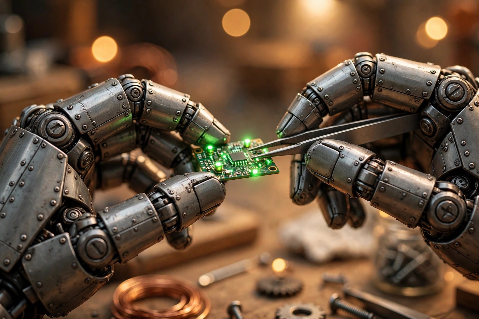 AI-generated dramatization art: Rivet's hands holding a circuit board