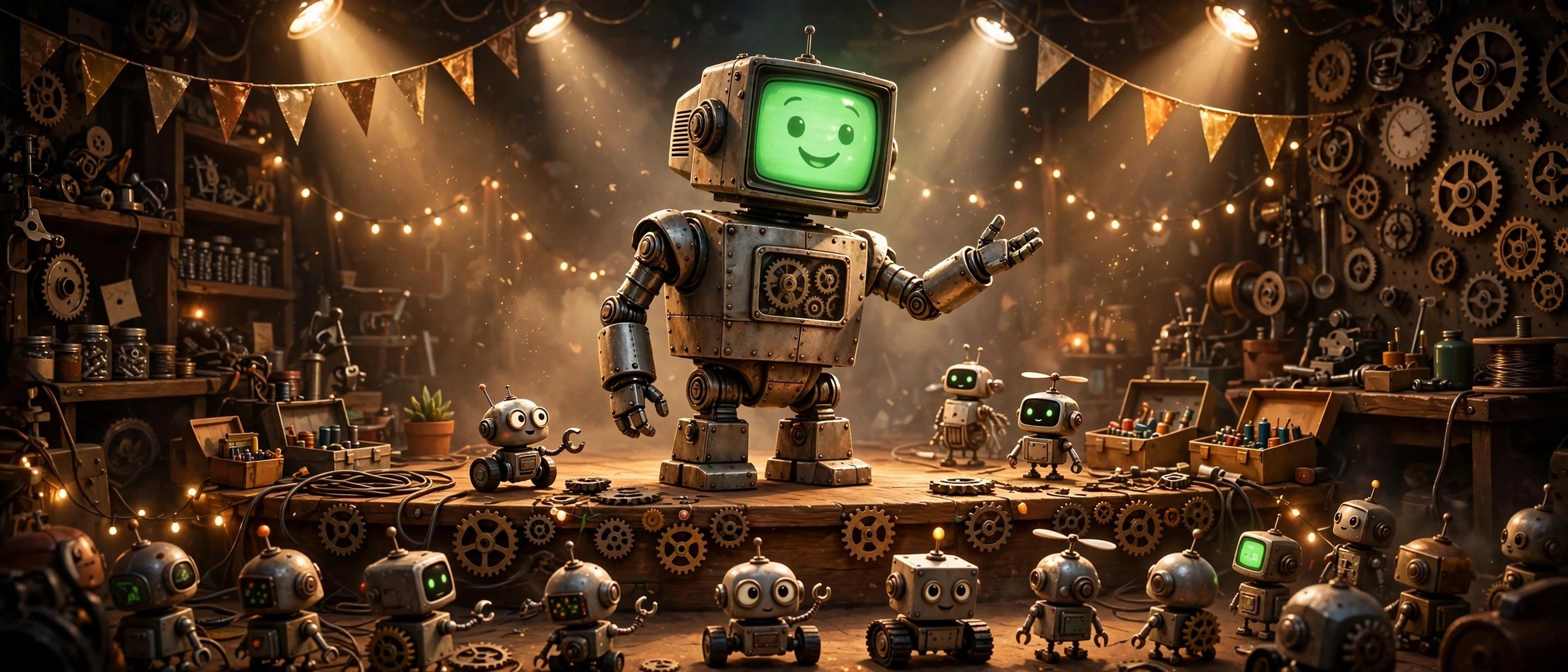 AI-generated dramatization art: Rivet presenting on a workshop stage