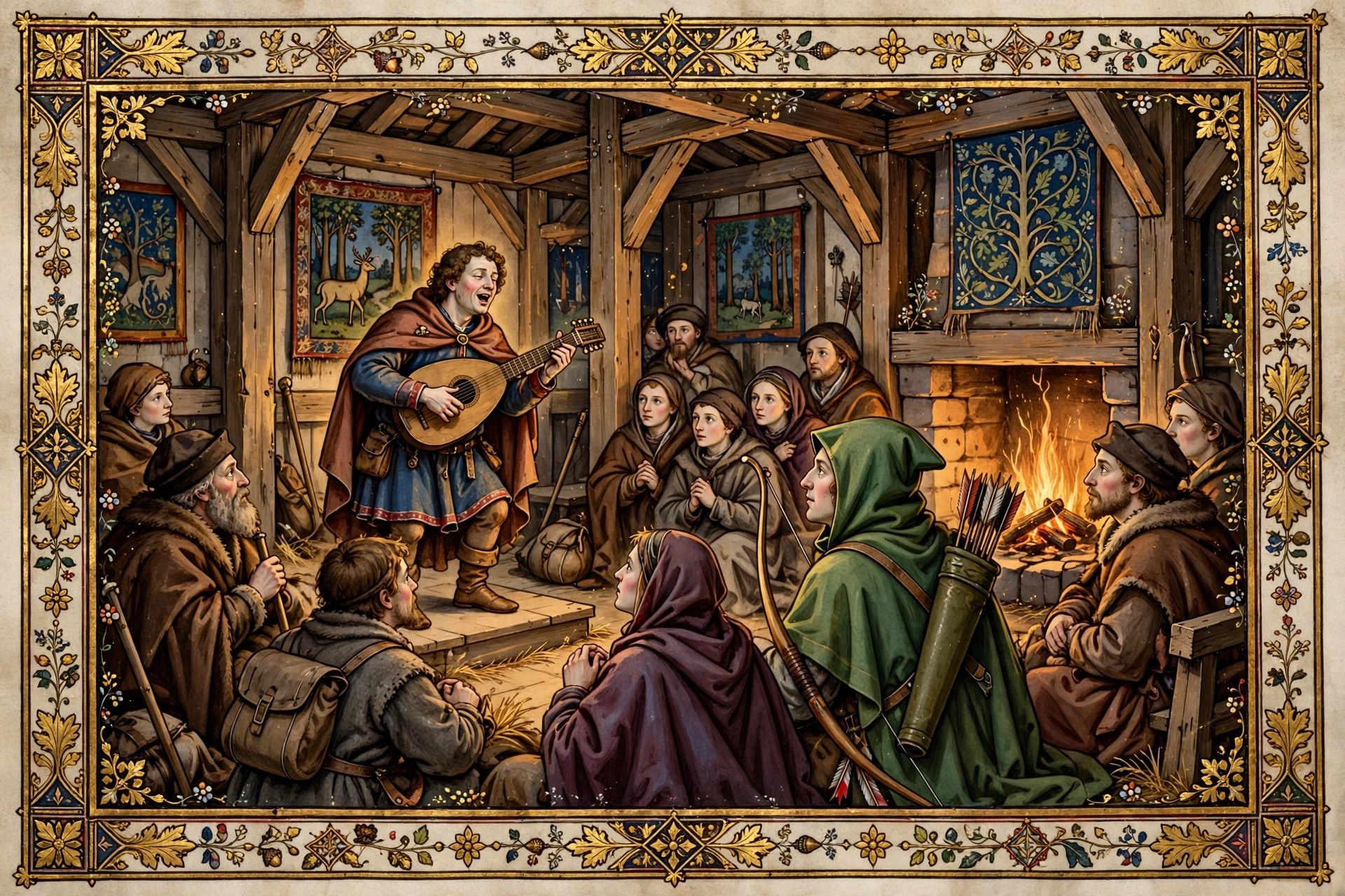 A medieval minstrel singing in a forest hall while travelers listen, lute in hand, storybook manuscript-illumination style