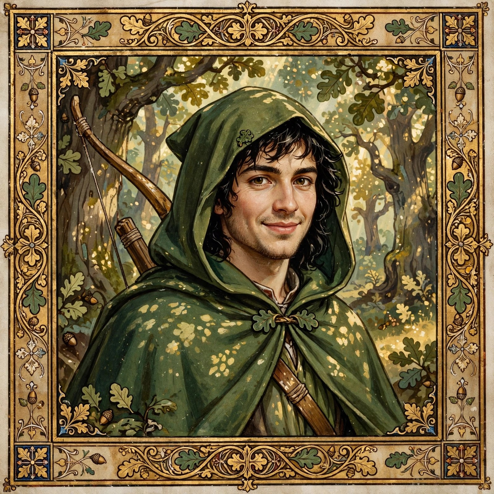 Portrait of Robin Hood in his Lincoln-green hood with a longbow over his shoulder, medieval-illumination storybook style