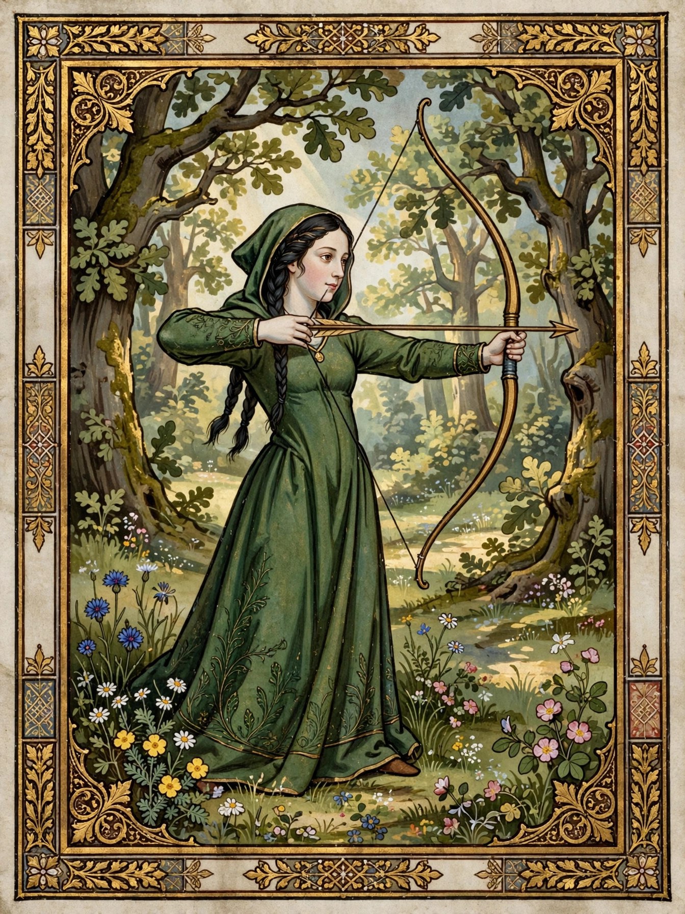 Maid Marian in a green gown and hood drawing a bow in the greenwood, storybook manuscript-illumination style