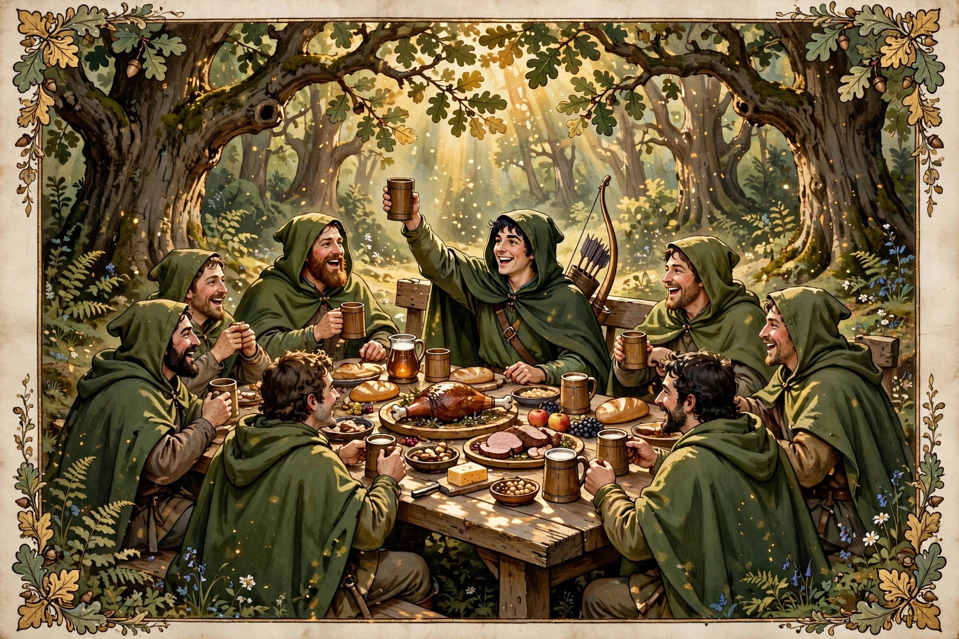 The merry men feasting under the great oaks of Sherwood Forest, venison and ale, storybook manuscript-illumination style