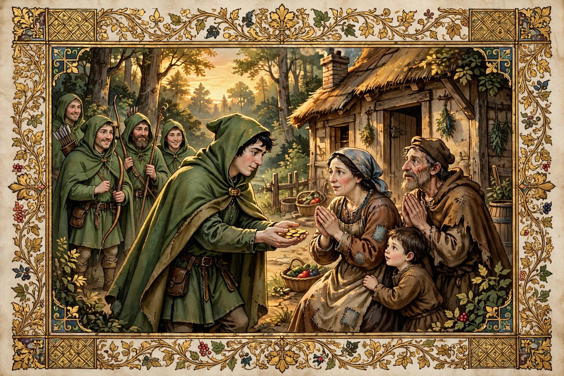 Robin Hood giving gold coins to a poor family in a forest village, the merry men behind him, storybook manuscript-illumination style