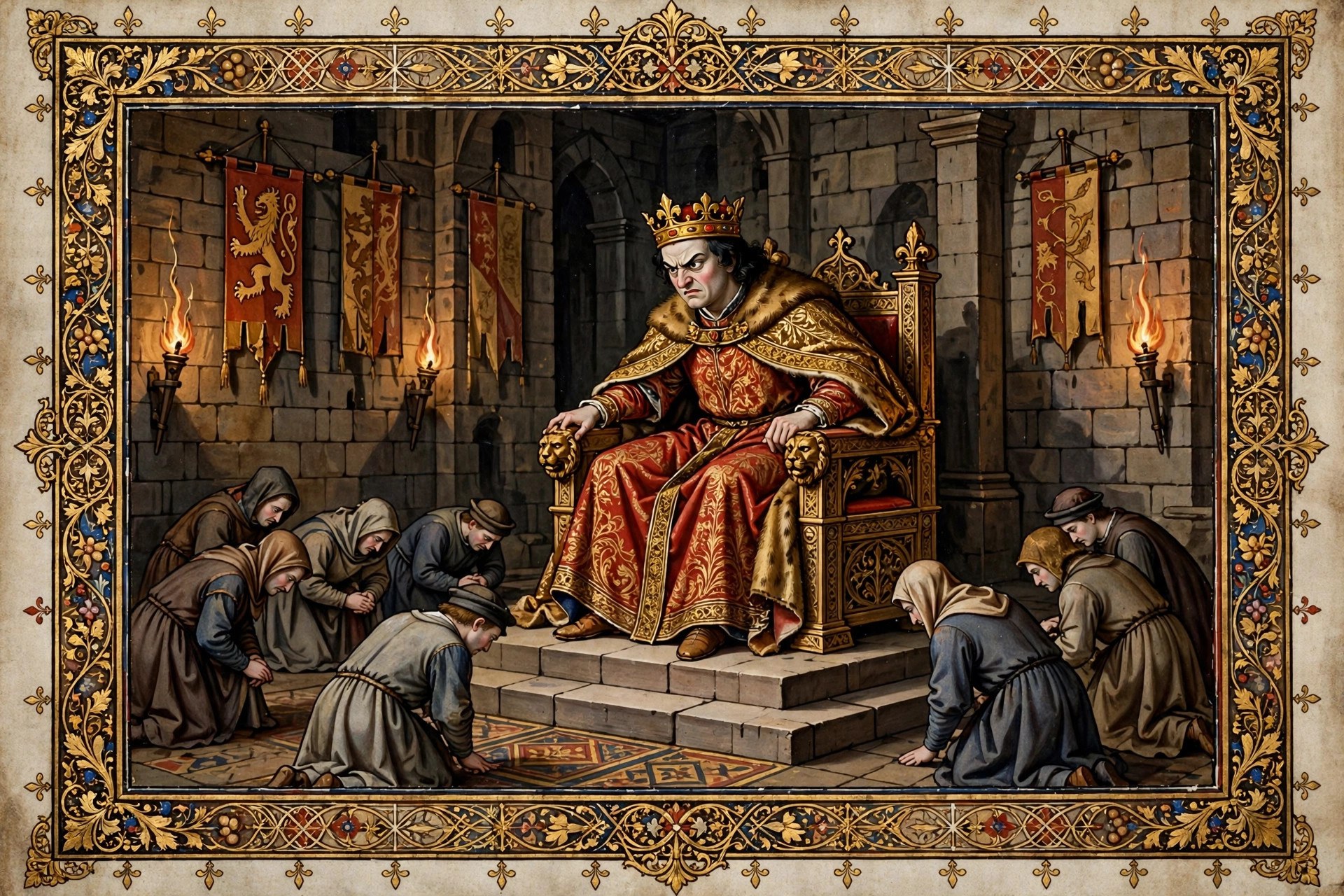 A crowned medieval prince in red and gold robes scowling from a throne in a torchlit castle hall, storybook manuscript-illumination style