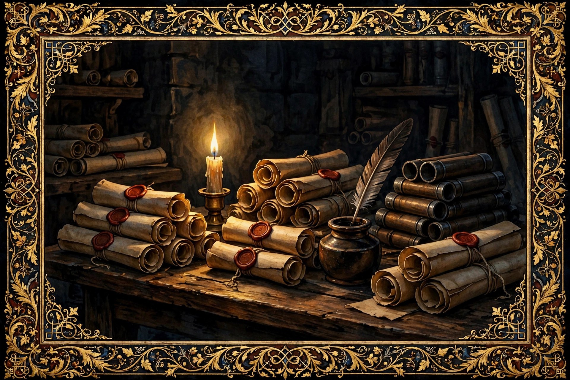 Medieval court rolls, wax seals, and a quill on a candlelit archive table, storybook manuscript-illumination style