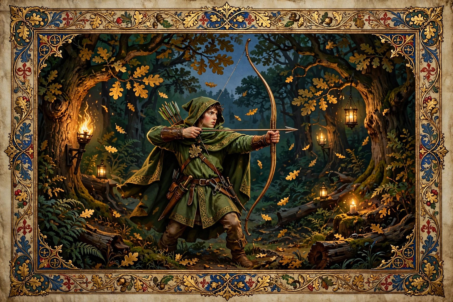 Robin Hood in a Lincoln-green hooded cloak drawing his longbow in a candlelit Sherwood Forest clearing, storybook manuscript-illumination style