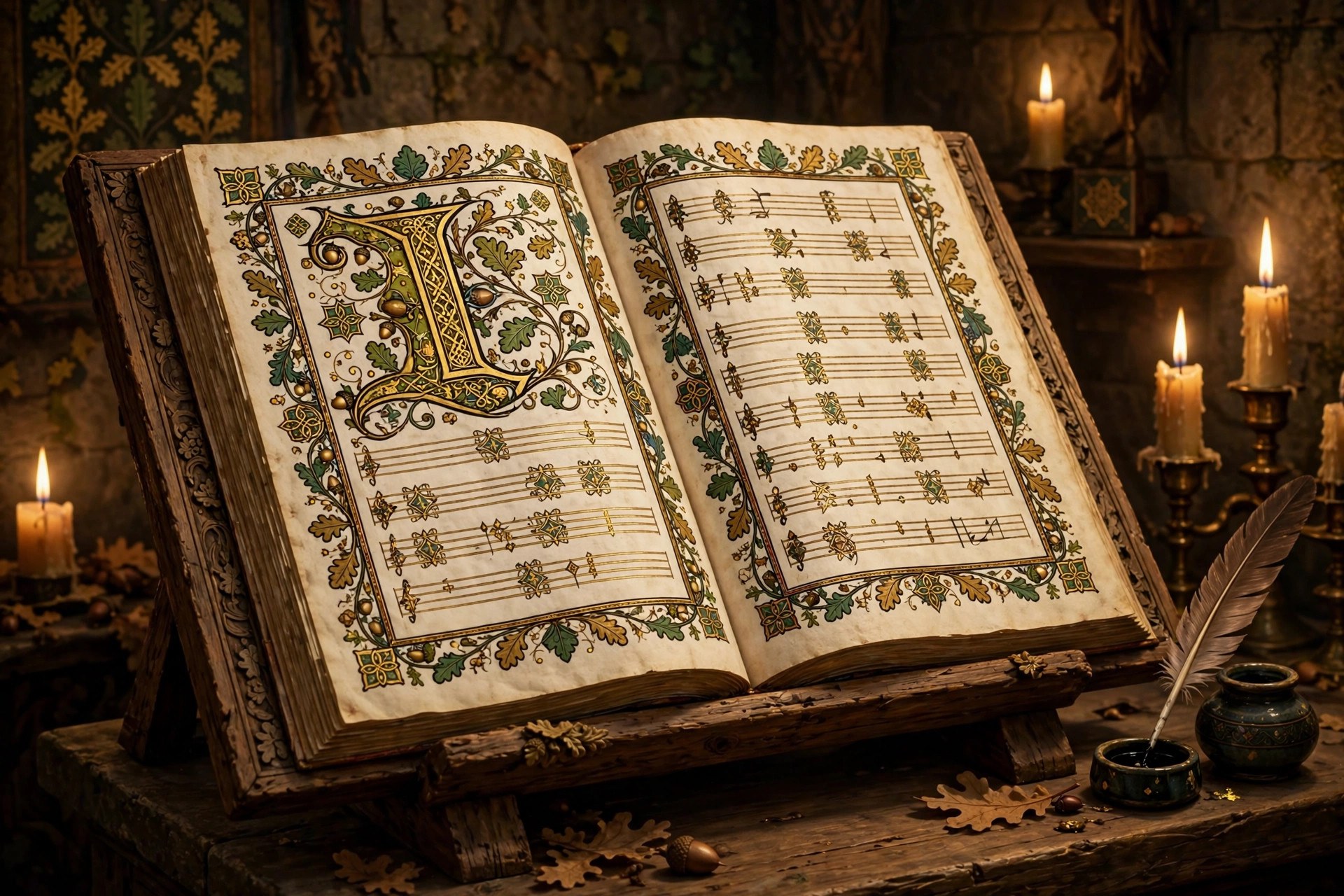 An open illuminated medieval manuscript with musical notes and a decorated initial letter, a quill beside it, storybook style