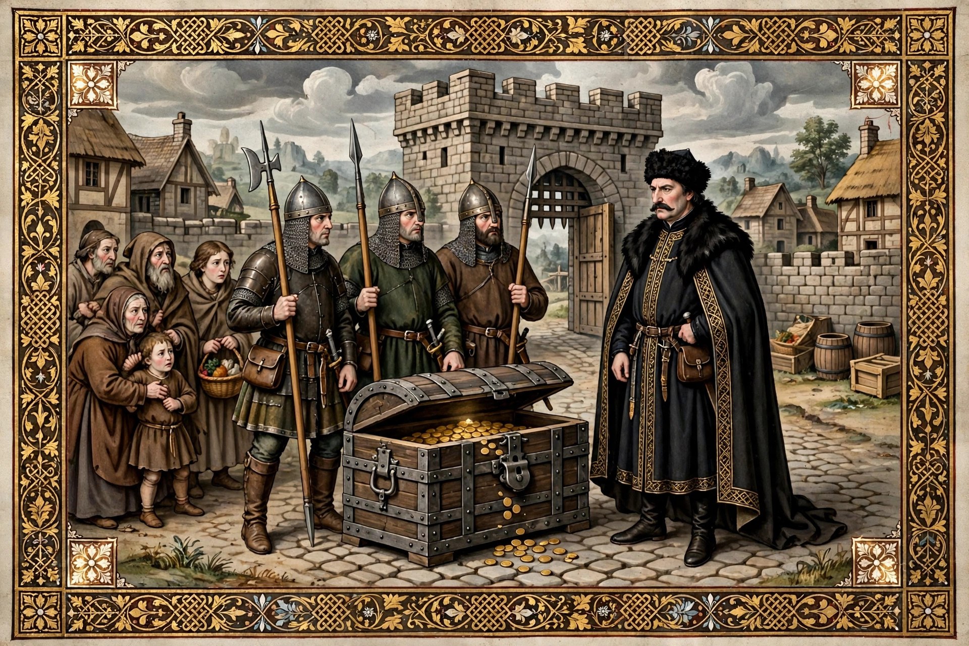 The Sheriff of Nottingham with his tax collectors and a heavy coin chest outside a town gate, storybook manuscript-illumination style