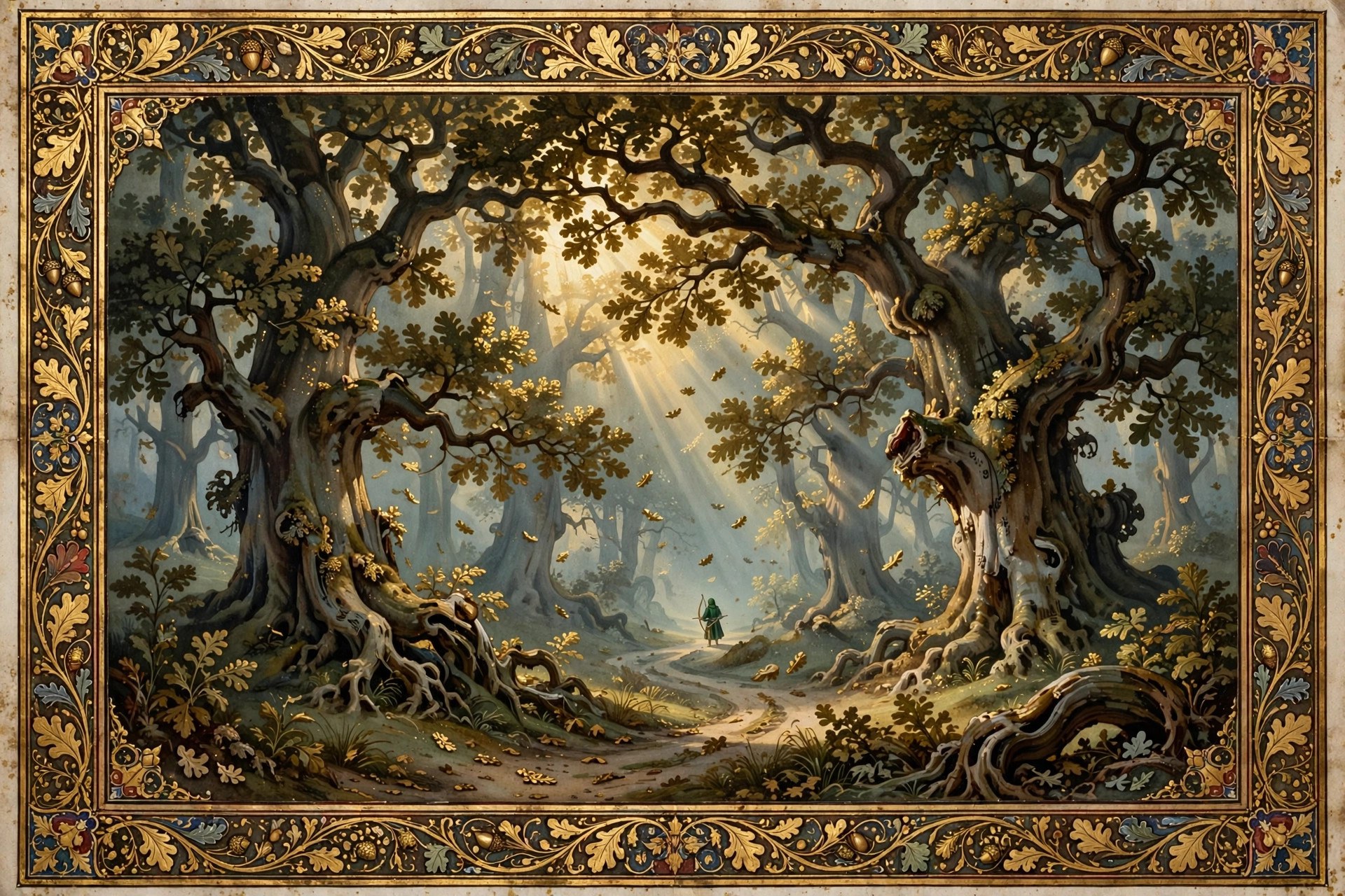 The great oaks of Sherwood Forest in morning mist, sunbeams through the canopy, storybook manuscript-illumination style