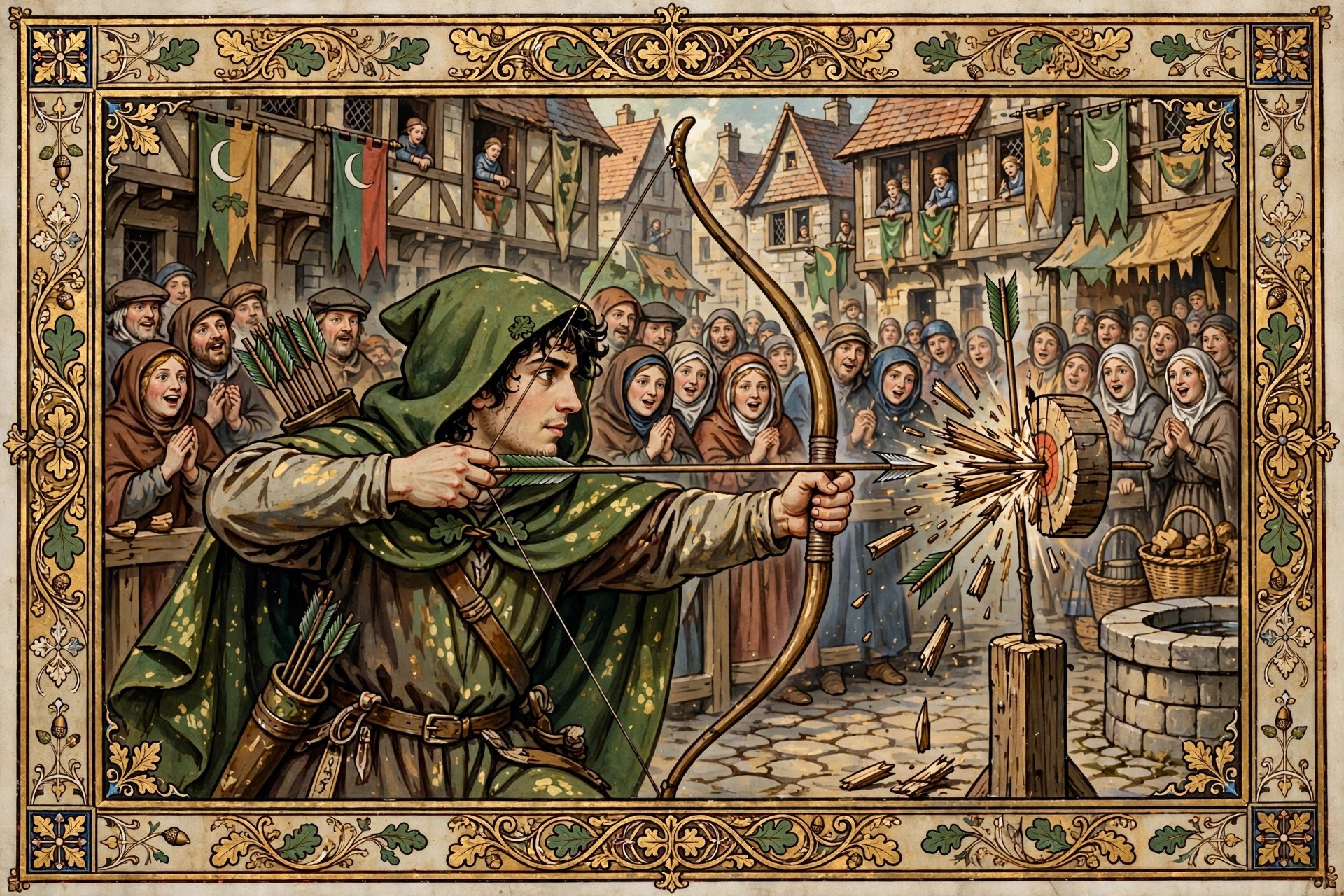 AI-generated dramatization art: Robin Hood winning an archery contest before a crowd in a medieval town