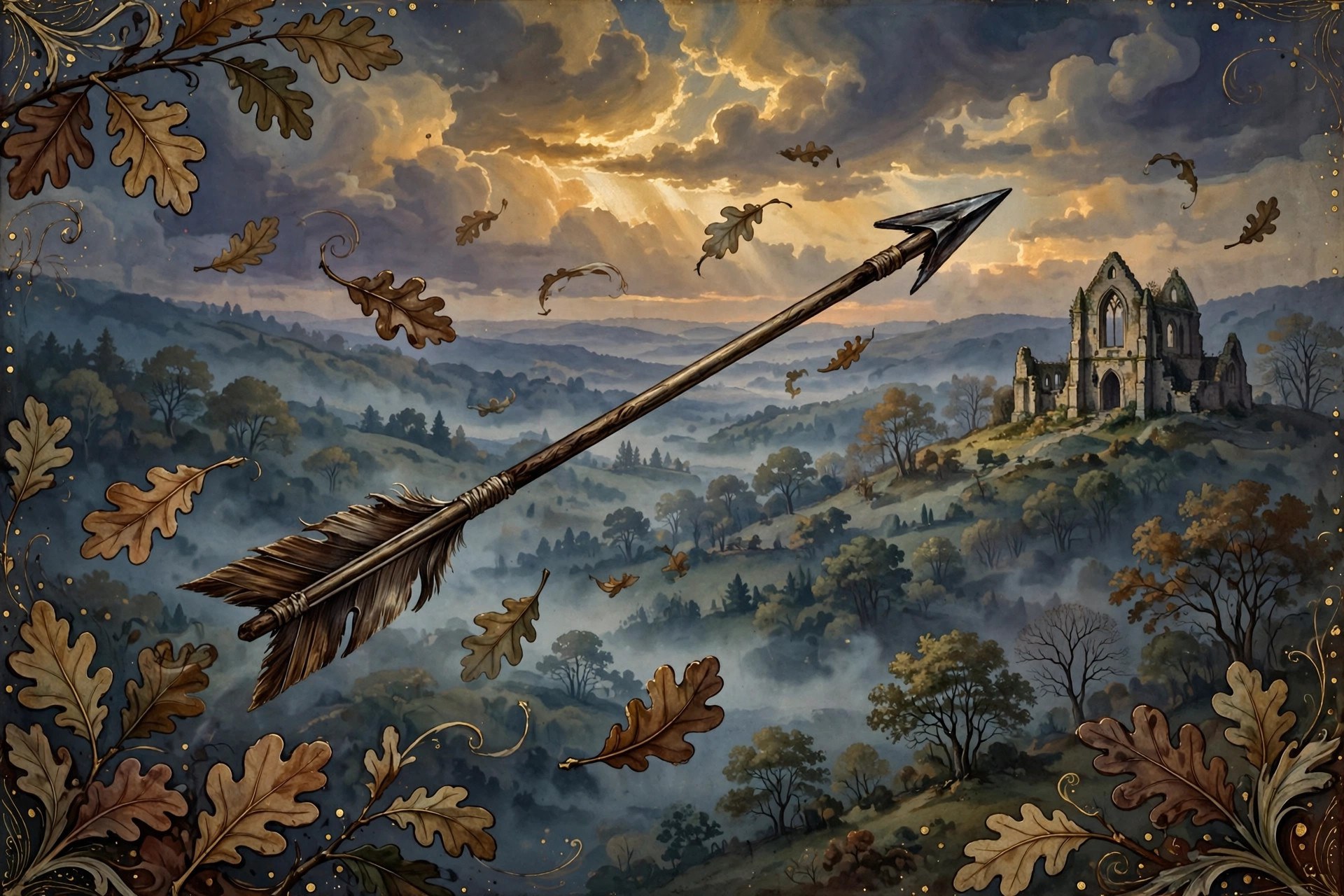 AI-generated dramatization art: a single arrow in flight over a misty valley at dusk