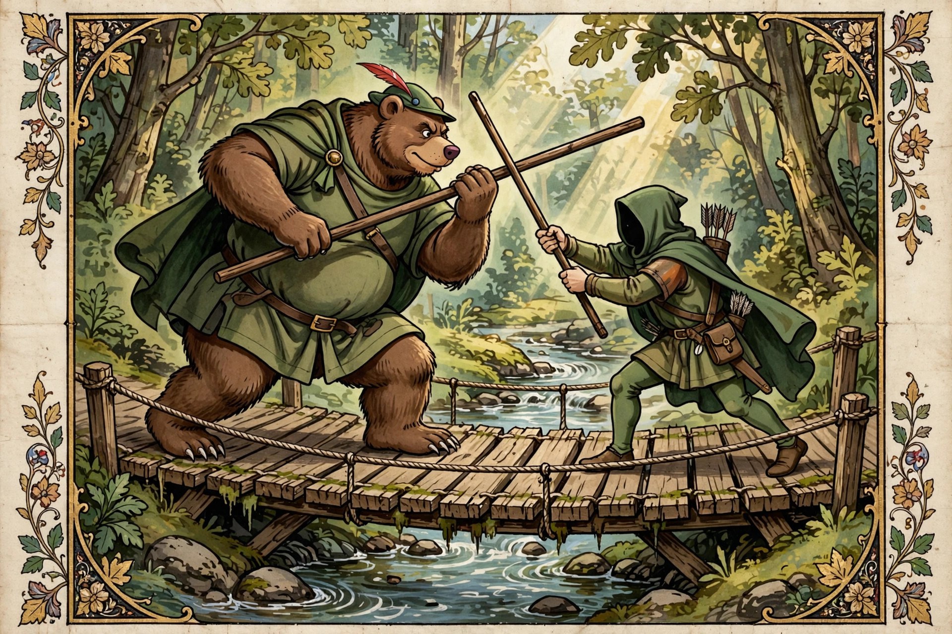 AI-generated dramatization art: Little John with a quarterstaff on a narrow bridge over a brook