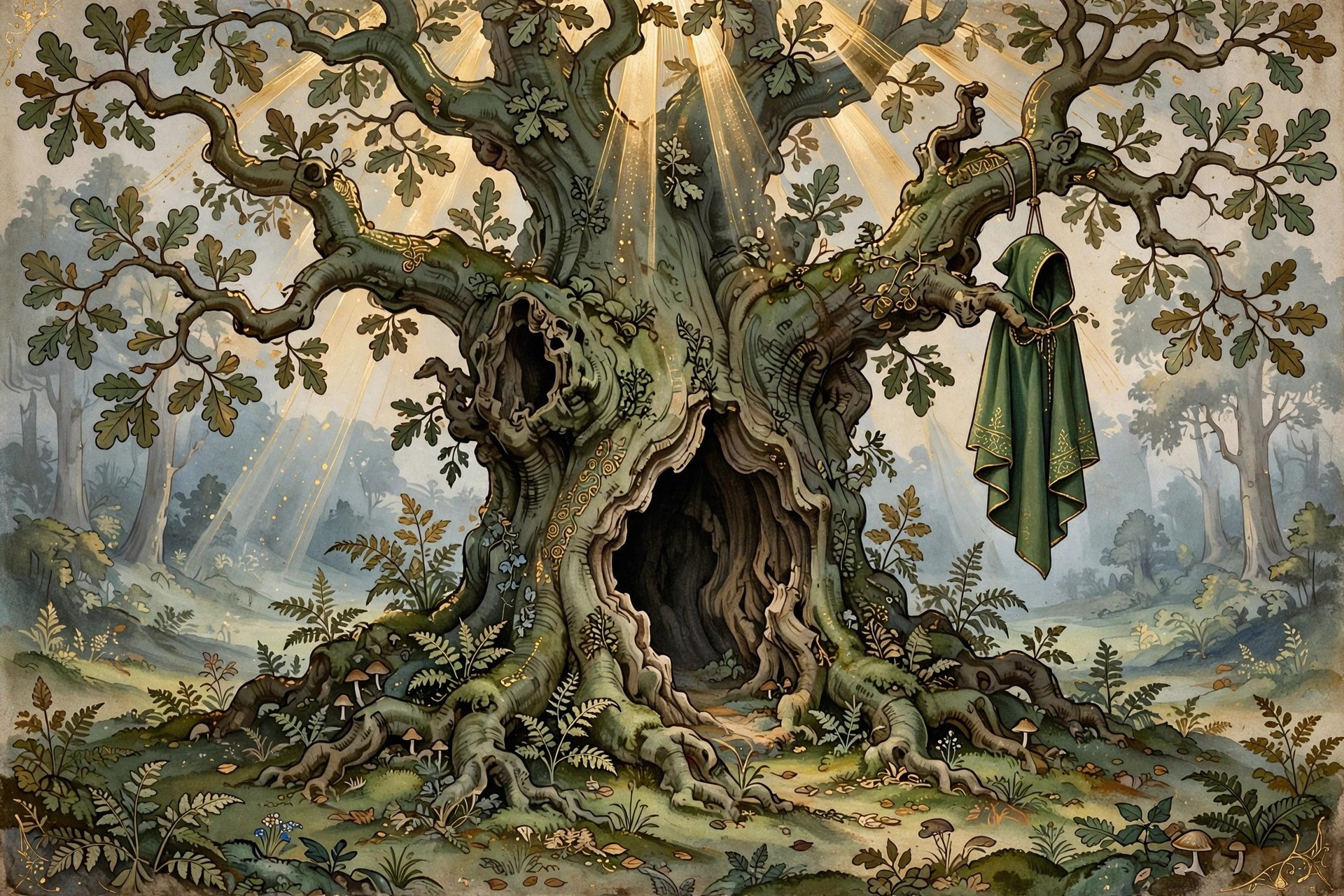 AI-generated dramatization art: a vast ancient hollow oak in a misty forest clearing