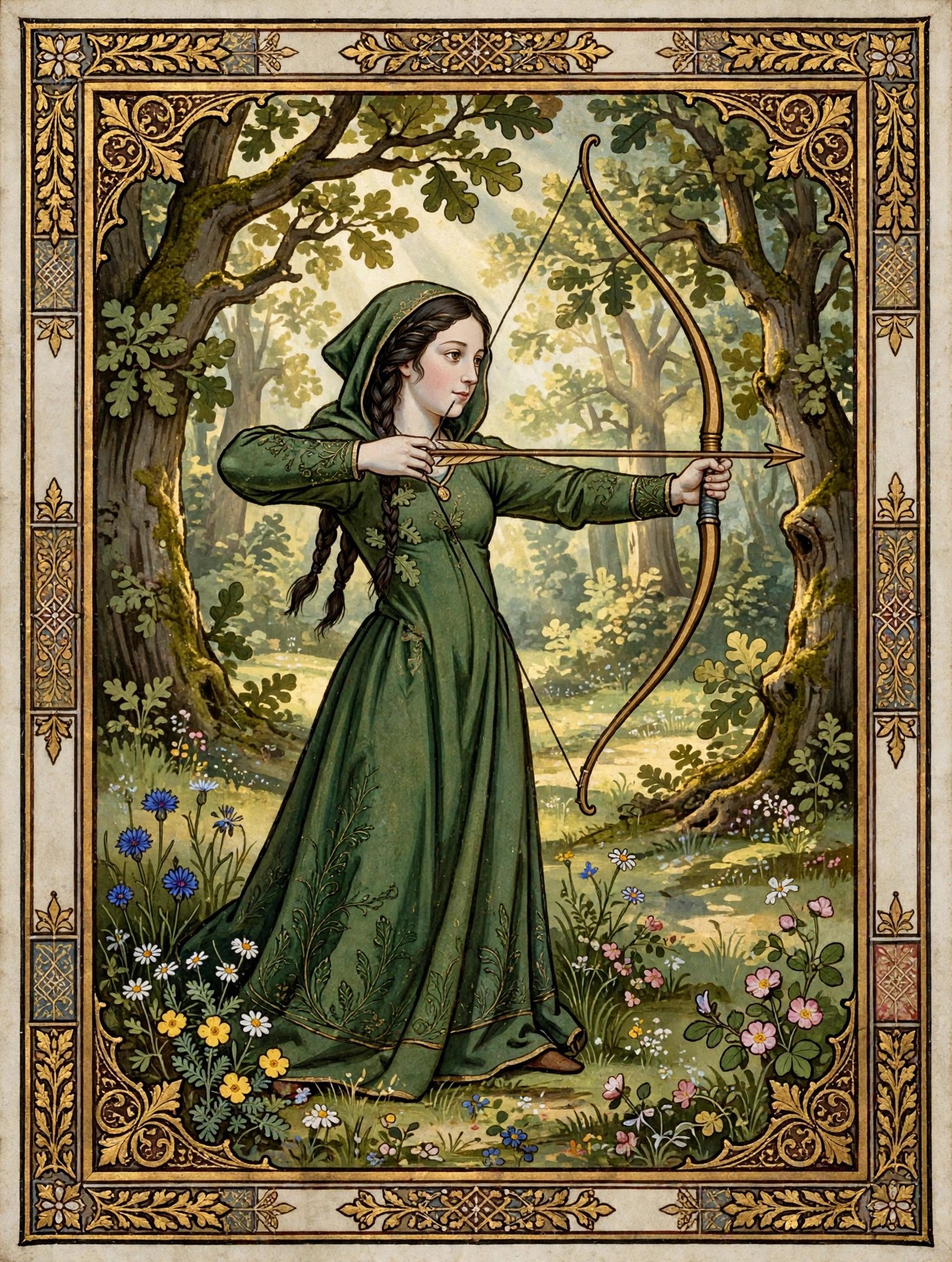 AI-generated dramatization art: Maid Marian as an archer in Lincoln green in a sunlit forest glade