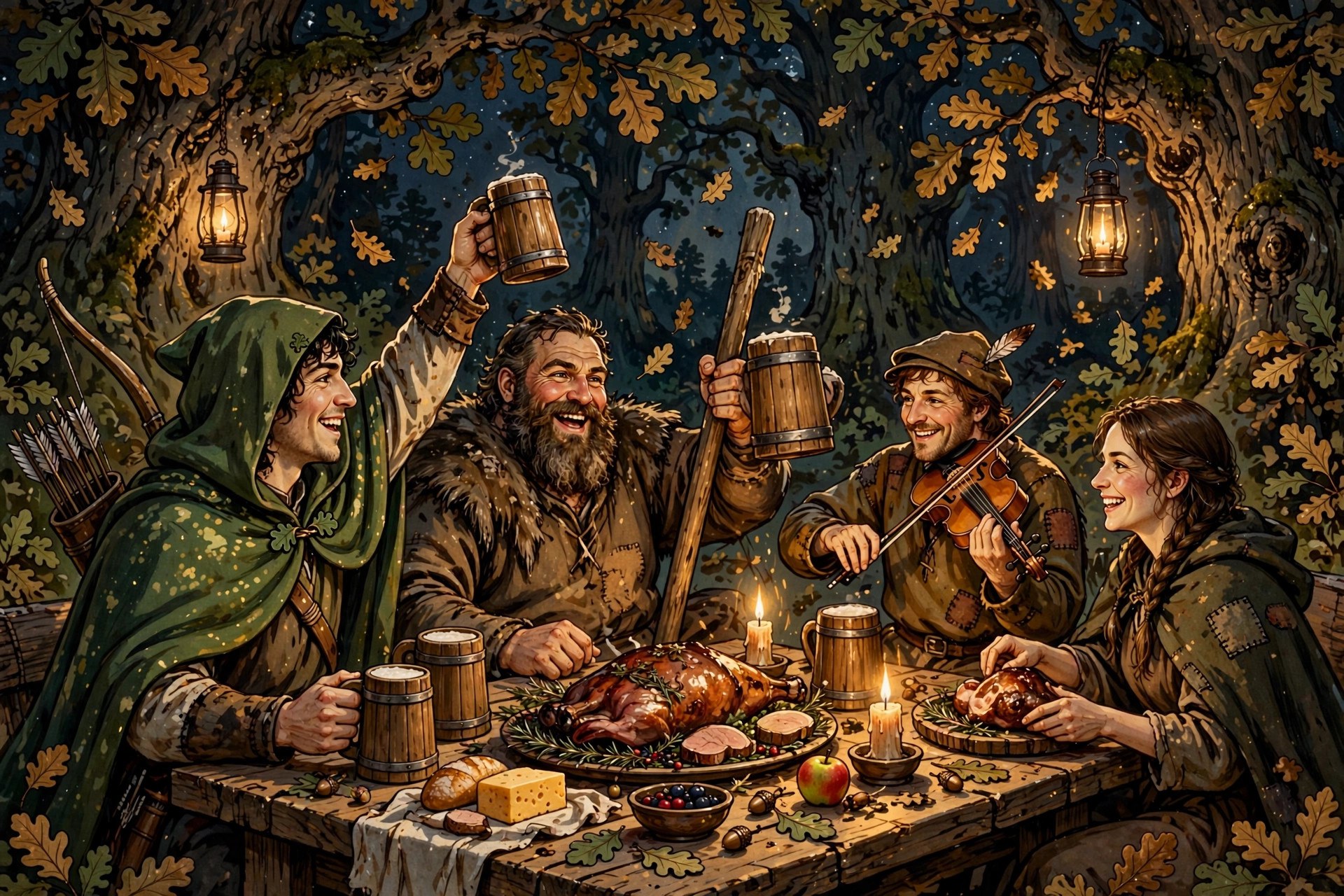 AI-generated dramatization art: Robin Hood feasting with his merry men beneath great oaks