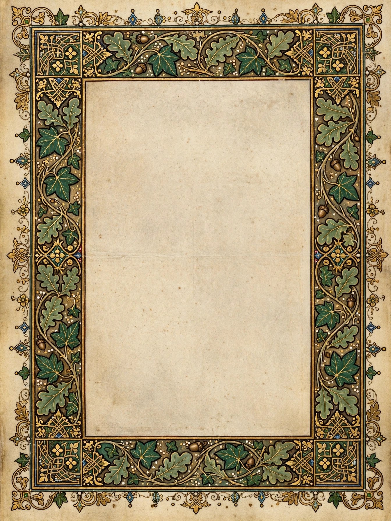 AI-generated dramatization art: an illuminated manuscript page with oak-leaf borders, no readable text
