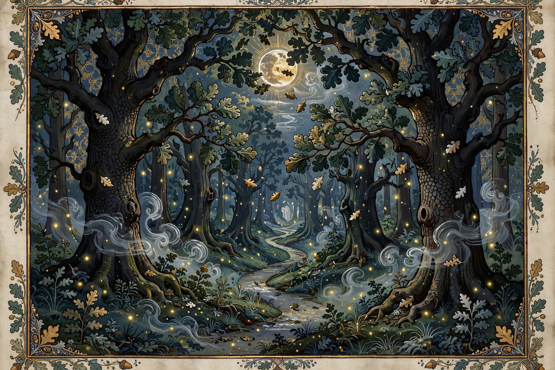 AI-generated dramatization art: a moonlit forest path with drifting leaves, no people, no text