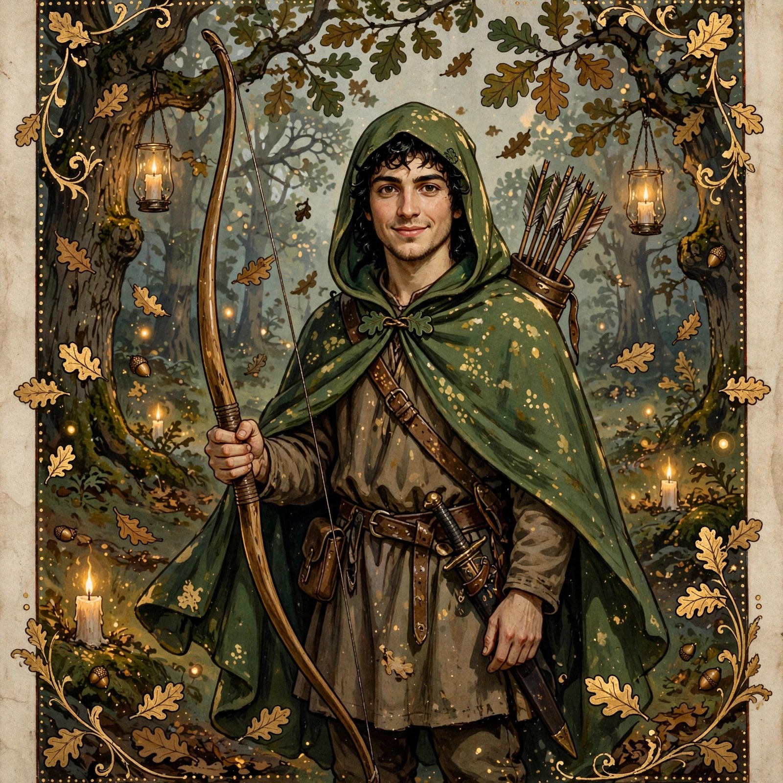 AI-generated dramatization art: Robin Hood in a Lincoln-green hood drawing a longbow in a candlelit oak forest