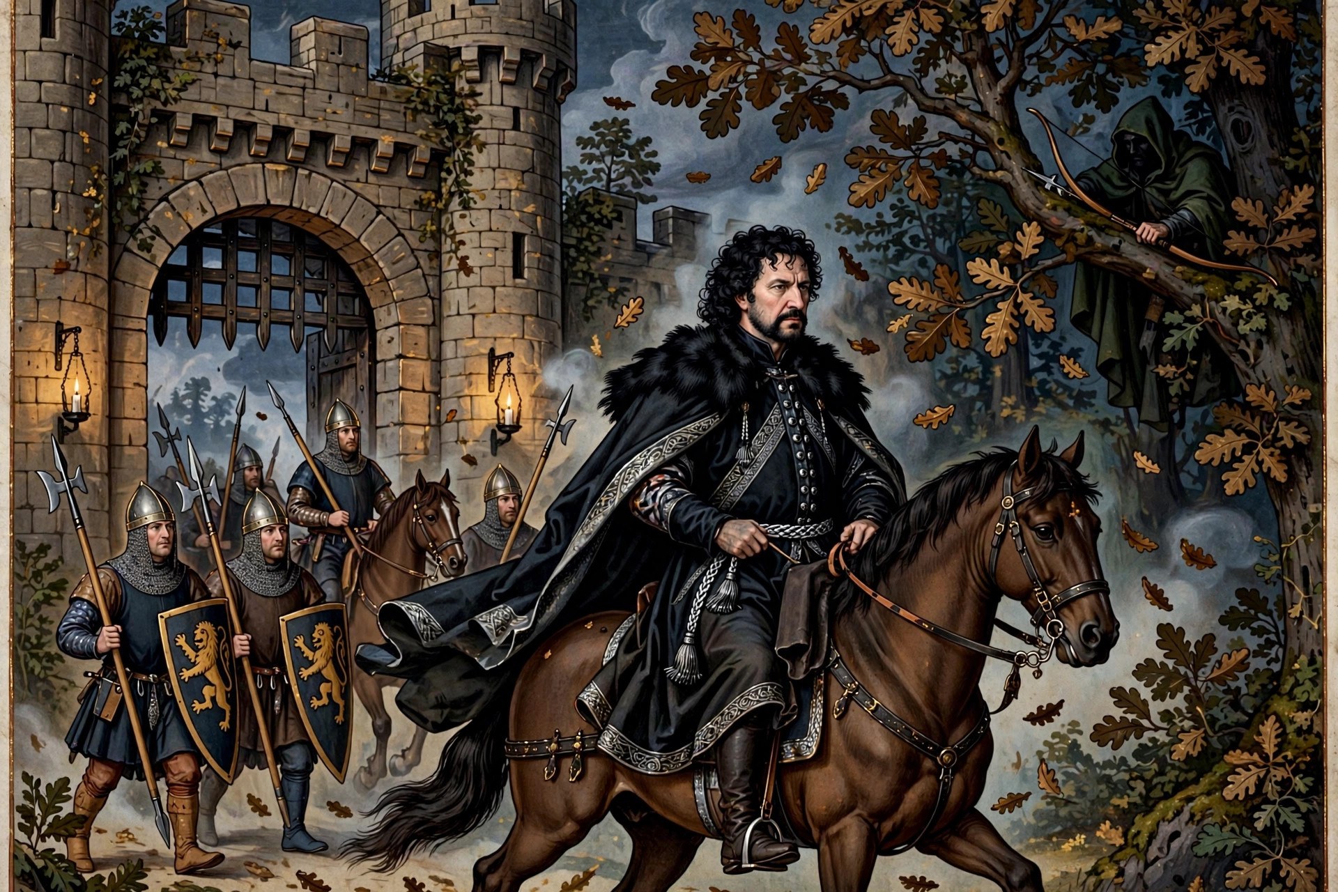 AI-generated dramatization art: the Sheriff of Nottingham on horseback facing an unseen archer in the forest