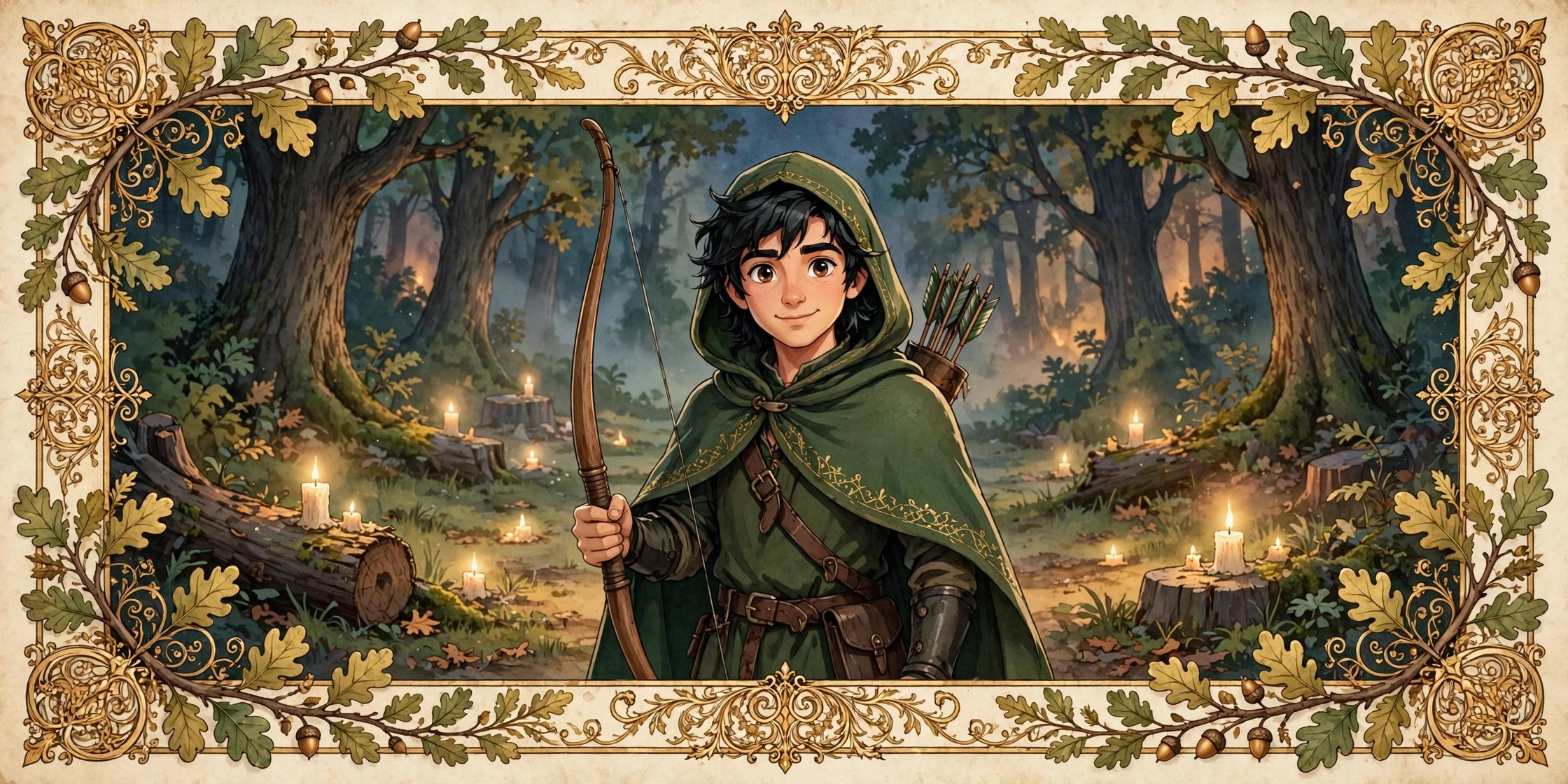 The stream's animated Robin Hood character in the Vizlings style: Lincoln-green hood and cloak, longbow, standing in a candlelit Sherwood clearing with oak leaves and manuscript-gold accents