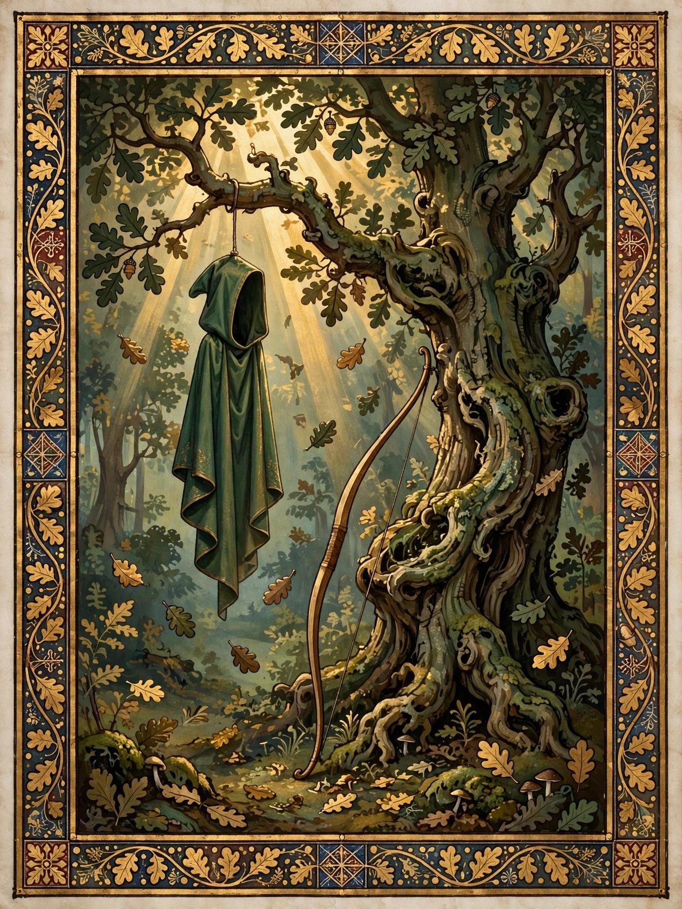 A Lincoln-green hood hanging from a gnarled oak branch with sunbeams breaking through the forest canopy, storybook manuscript-illumination style