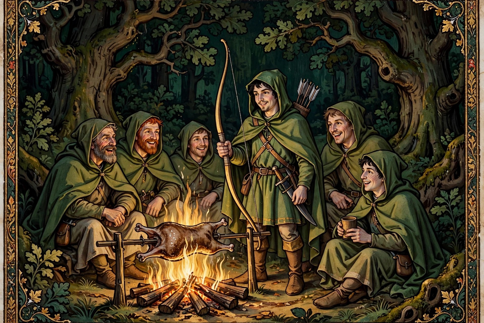 Robin Hood and his merry men gathered around a fire in Sherwood Forest at night, Lincoln-green cloaks, storybook manuscript-illumination style