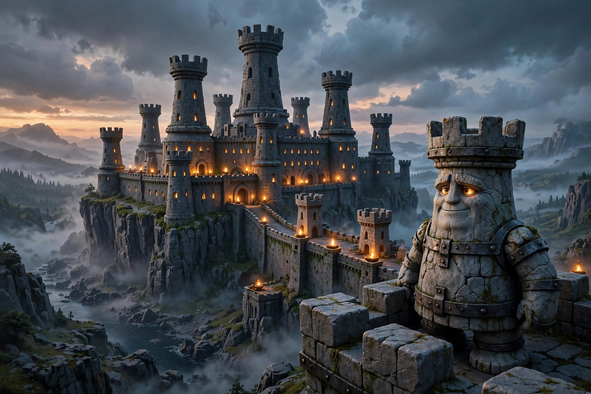 The Bastion fortress at dusk with Rook standing on the battlements — AI-generated dramatization art