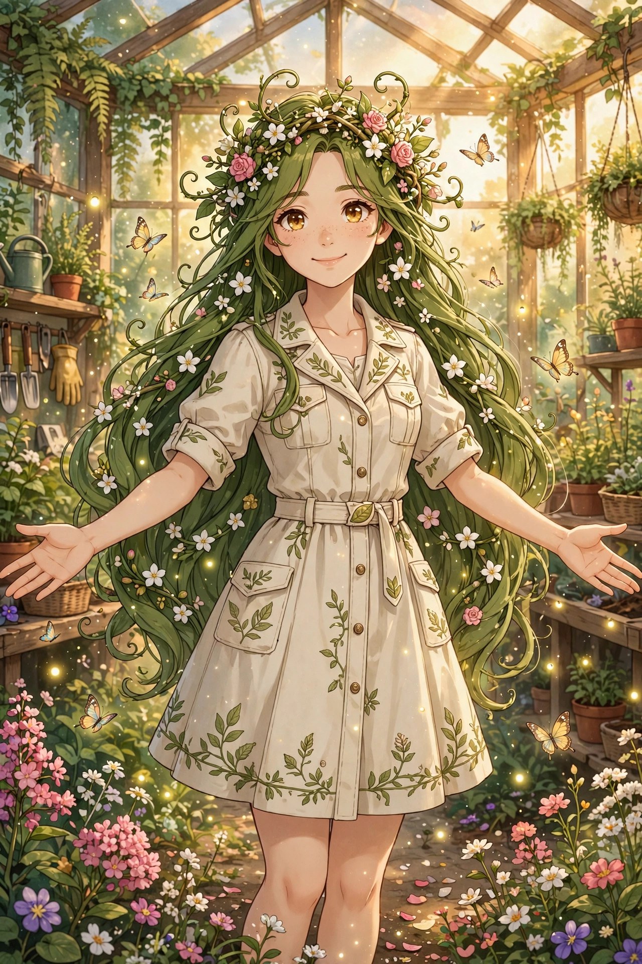 AI-generated storybook-anime illustration of Rosie Bloom, a plant-girl with leaf-green hair and a vine crown, standing in a sunlit greenhouse