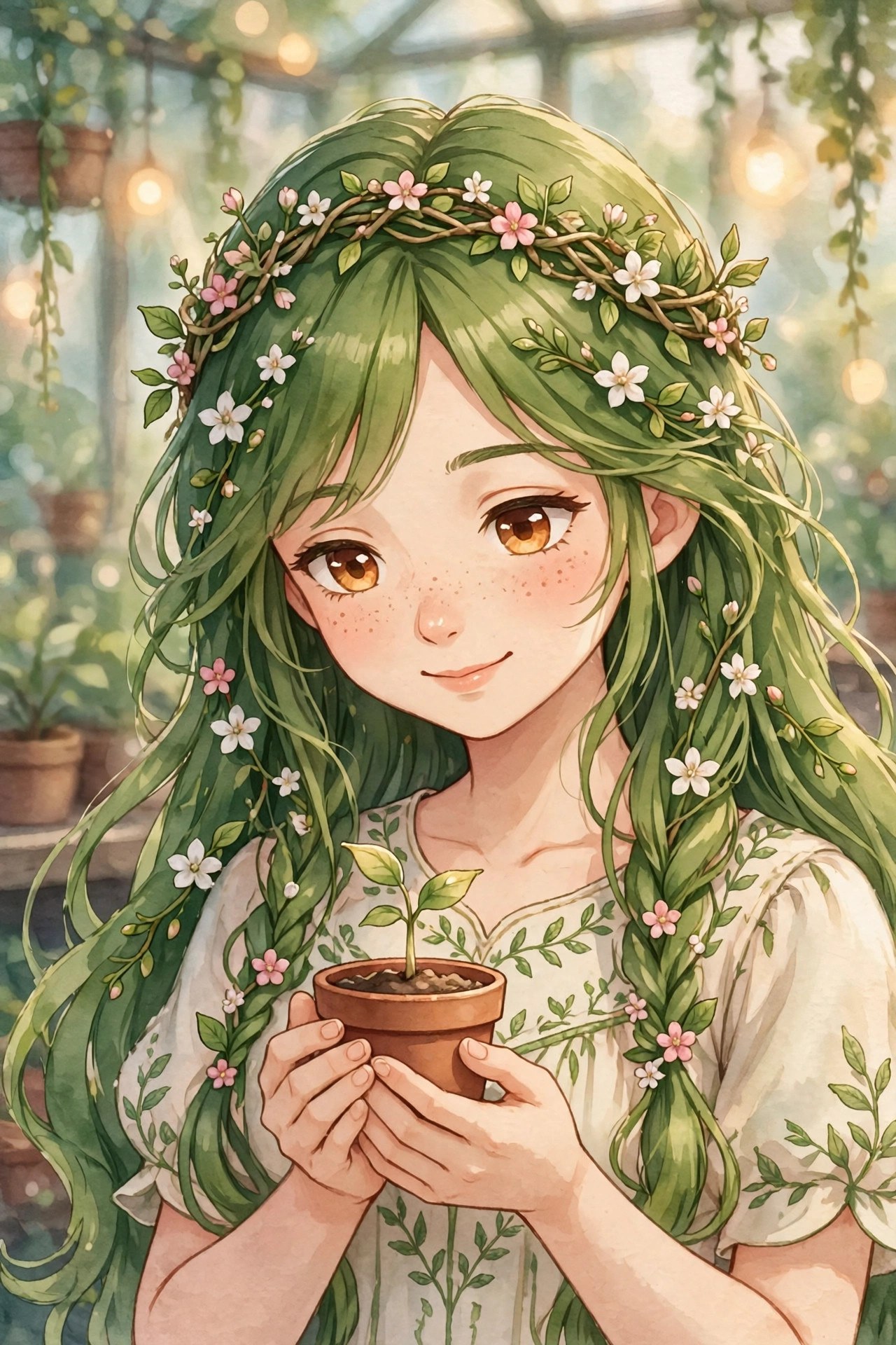 AI-generated portrait of Rosie Bloom holding a small potted sprout in cupped hands