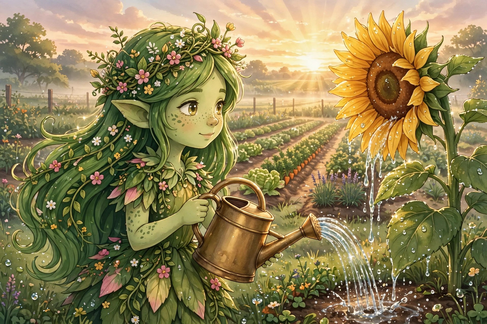 AI-generated illustration of Rosie Bloom watering a giant sunflower at sunrise