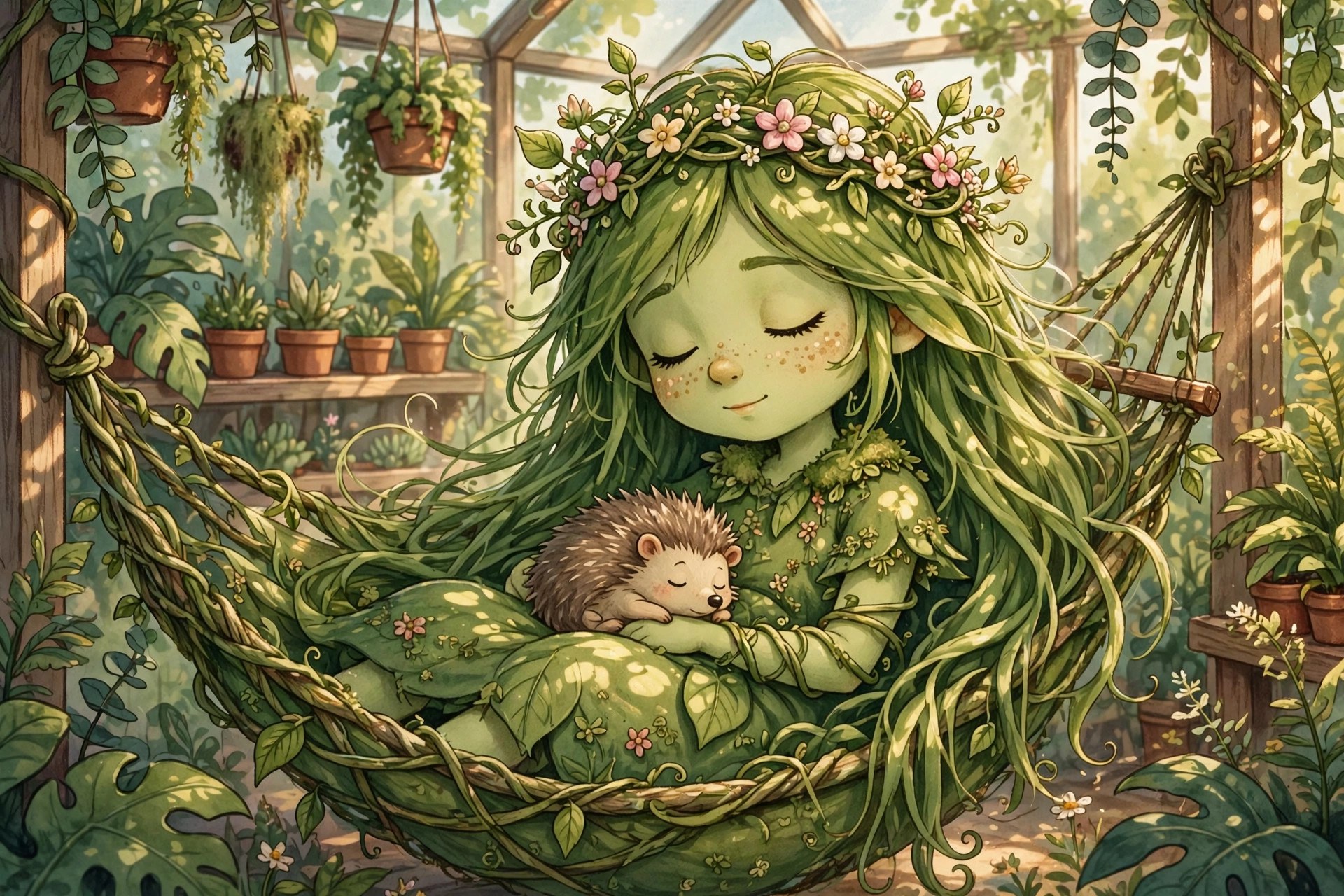 AI-generated illustration of Rosie Bloom napping in a vine hammock with a hedgehog