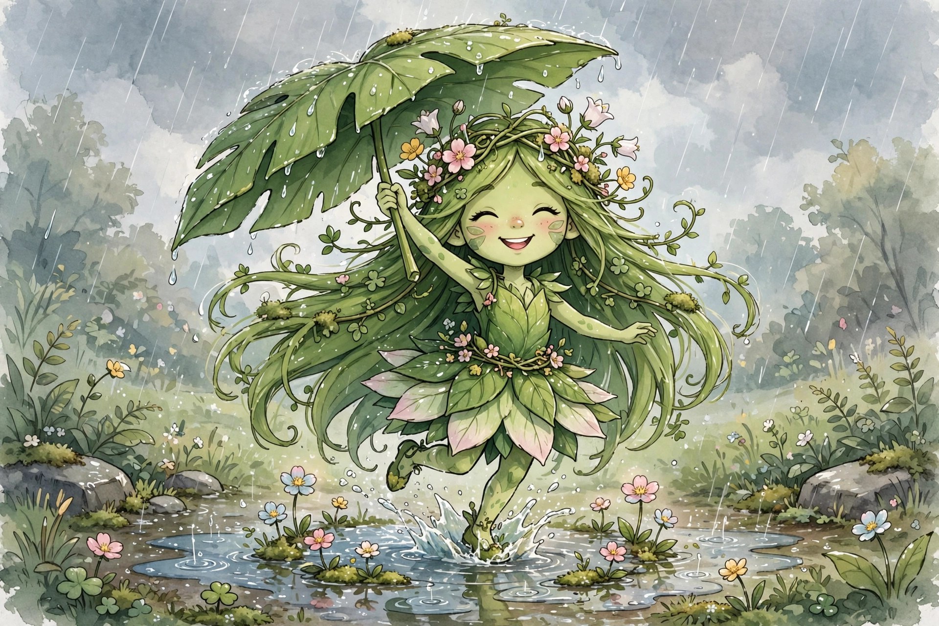 AI-generated illustration of Rosie Bloom dancing in the rain with a leaf umbrella